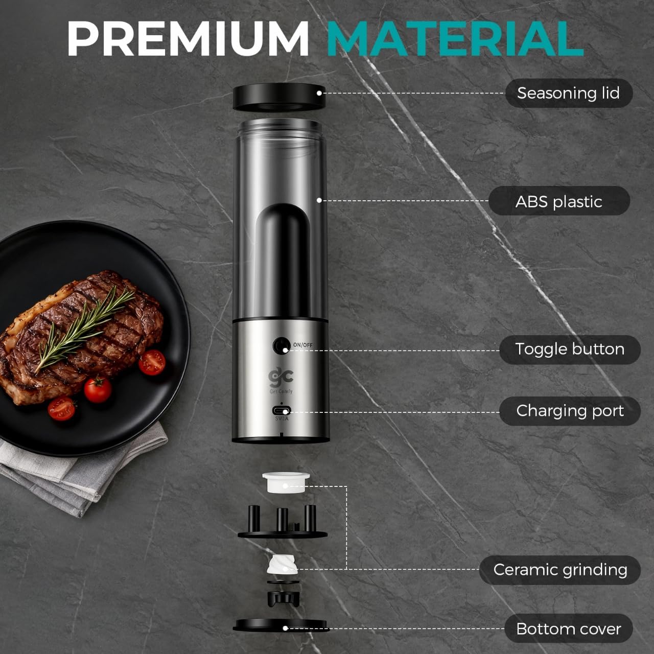 Electric Salt & Pepper Grinder Set One-Handed Automatic Pepper Mill with LED Light Adjustable Coarseness Large-Capacity Refillable Mill Durable Ceramic Core Battery Powered Seasoning Grinder for Home BST202