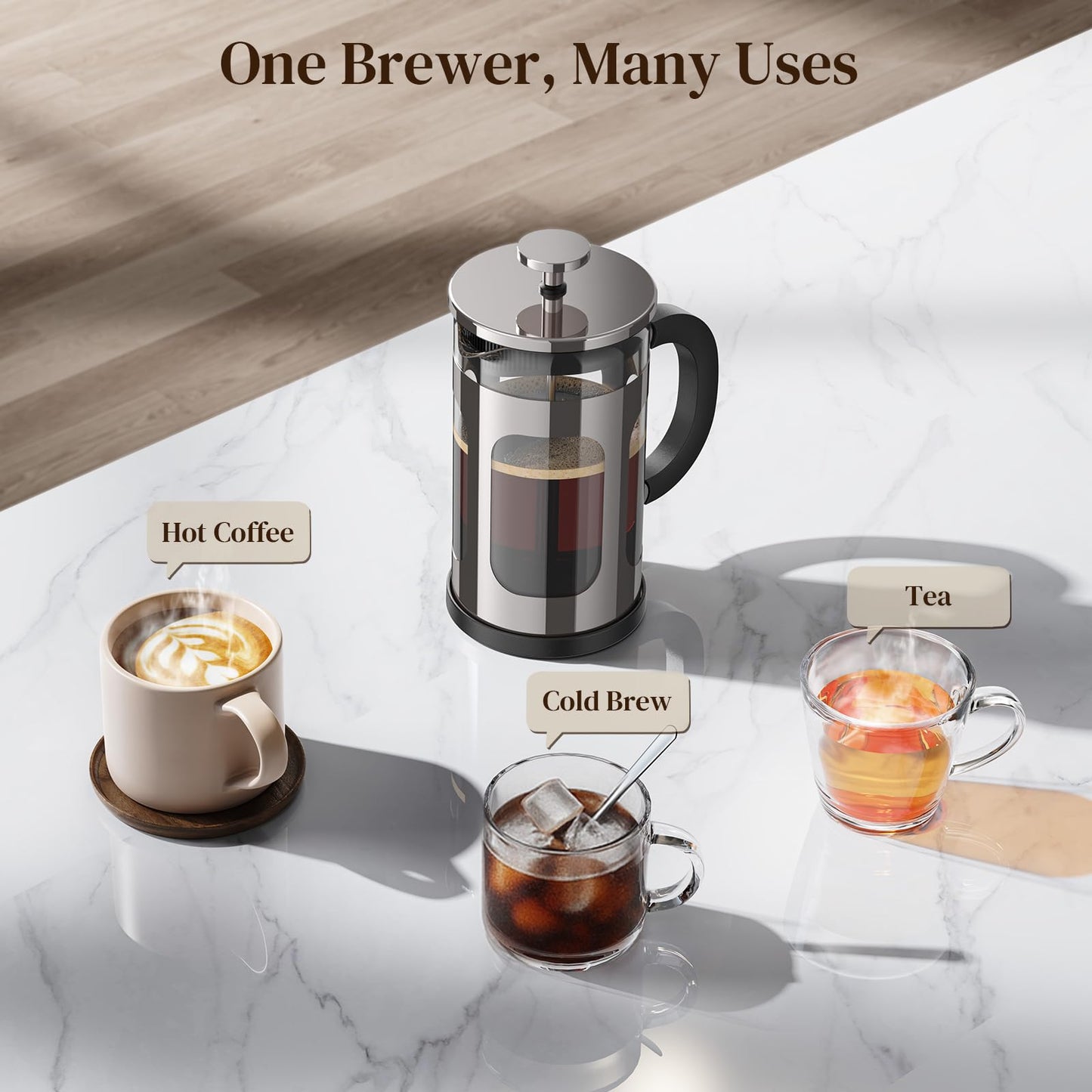 Veken French Press Coffee Maker 34oz, No Plastic Touching Cafe,Thickened Glass Stainless Steel Brewer, Cold Brew Cafetera Tea pot for Kitchen Travel Camping, Gifts, Decor, Bar Accessories, Dark Pewter