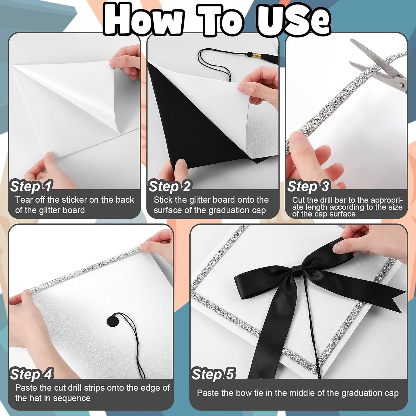 Dunzoom White DIY Graduation Cap Decorations Kit Rhinestone Grad Cap Topper with Tassel Black Bow Glitter Graduation Hat for Class of 2026 Graduate Ceremony Adult Grad Party Gift Art Craft WN420