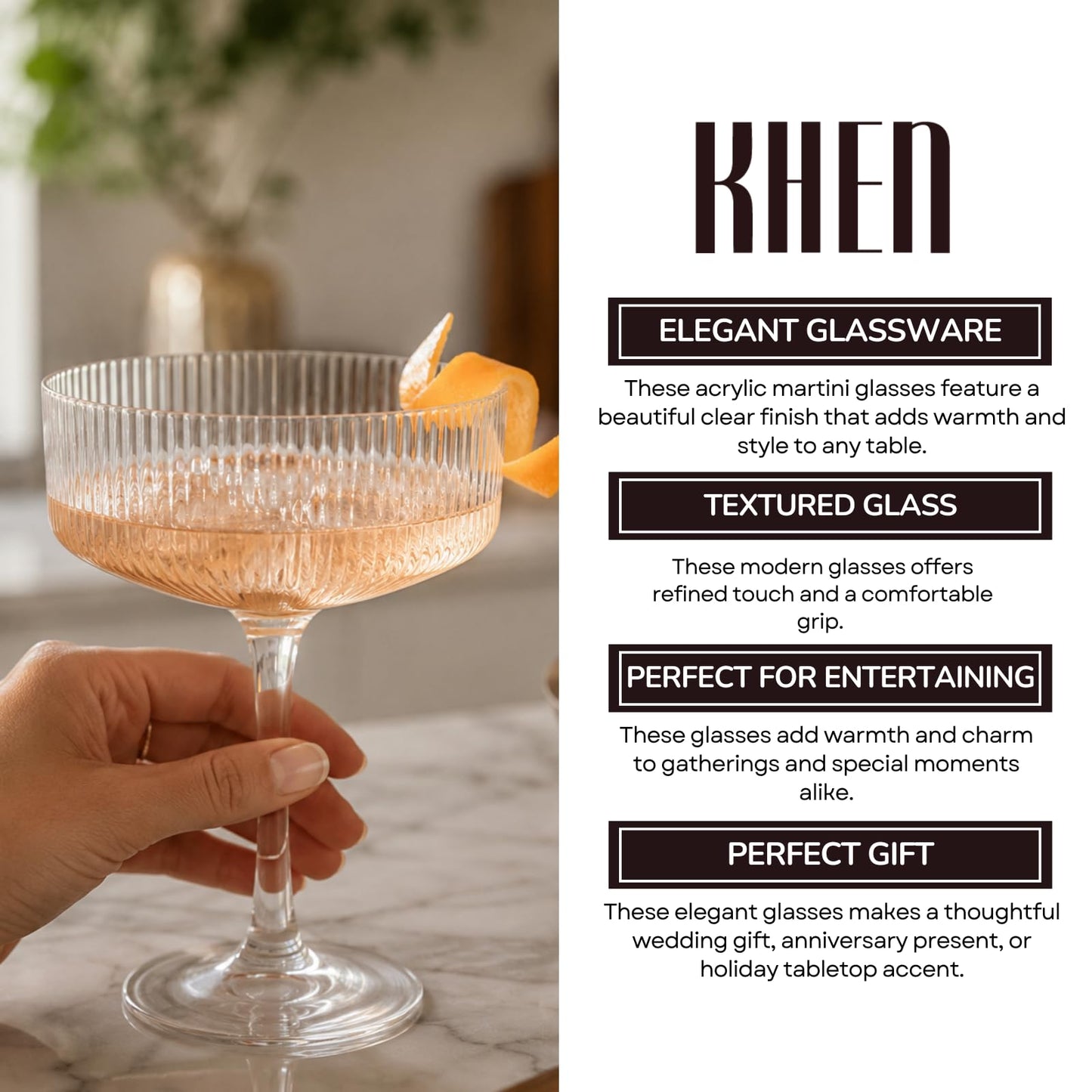 Khen Pink Peach Acrylic Ribbed Coupe Martini Champagne Cocktail Glasses, Set of 4, 8 oz Shatterproof Ripple Stemware European Style Reusable Drinkware Goblets, Indoor Outdoor Parties Weddings Bar Gift BST220