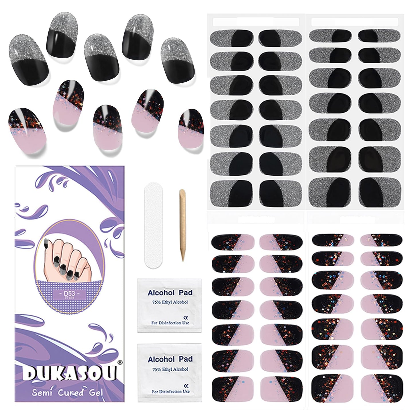 Semi Cured Gel Nail Strips, 56Pcs Nail Art Stickers/Wraps, Long Lasting UV Nail Polish Strips for Adults (Silver Rhinestones+French Tip Glitter) BST220