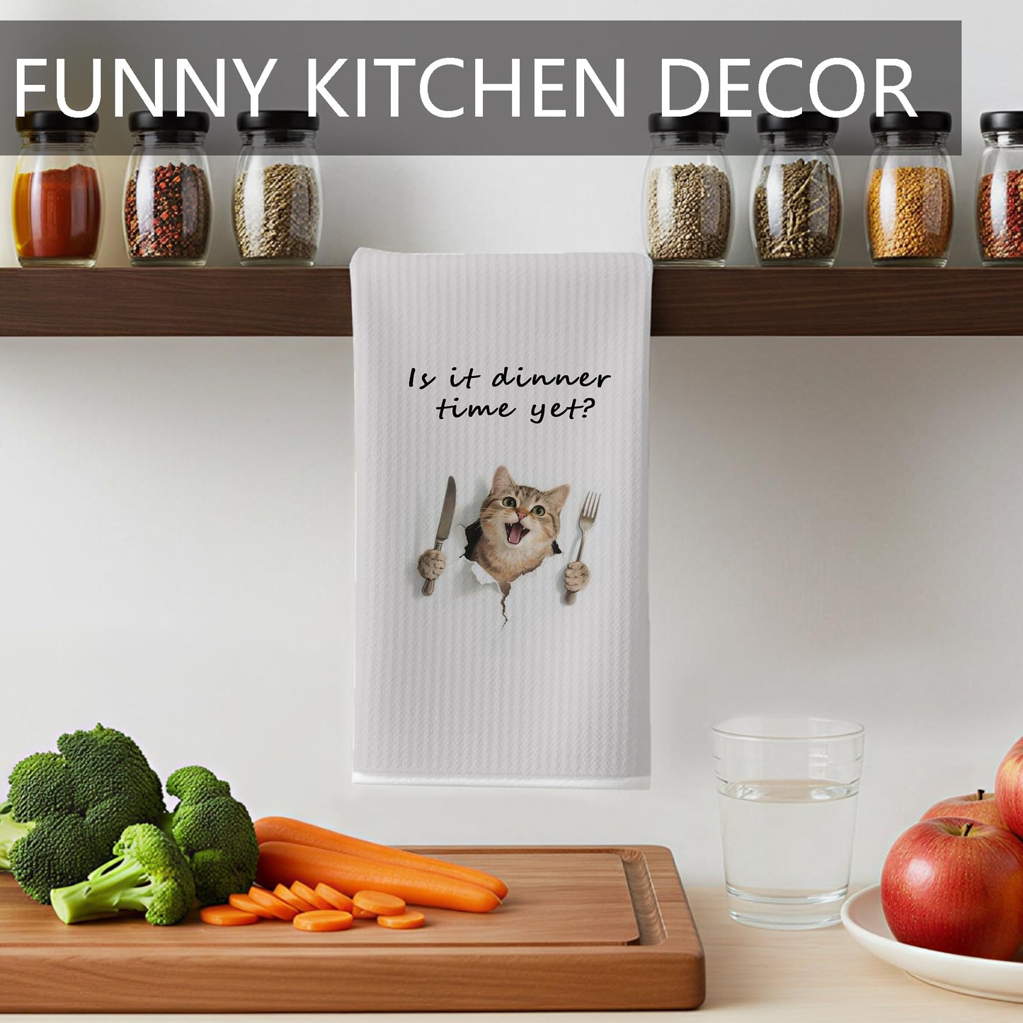 Funny Cat Gifts Kitchen Towels, Cute Cat with Knife and Fork Microfiber Dish Tea Towel for Kitchen Decor, Funny Cats Cooking Decor, is It Dinner Time Yet, 16x24 Inch BST220