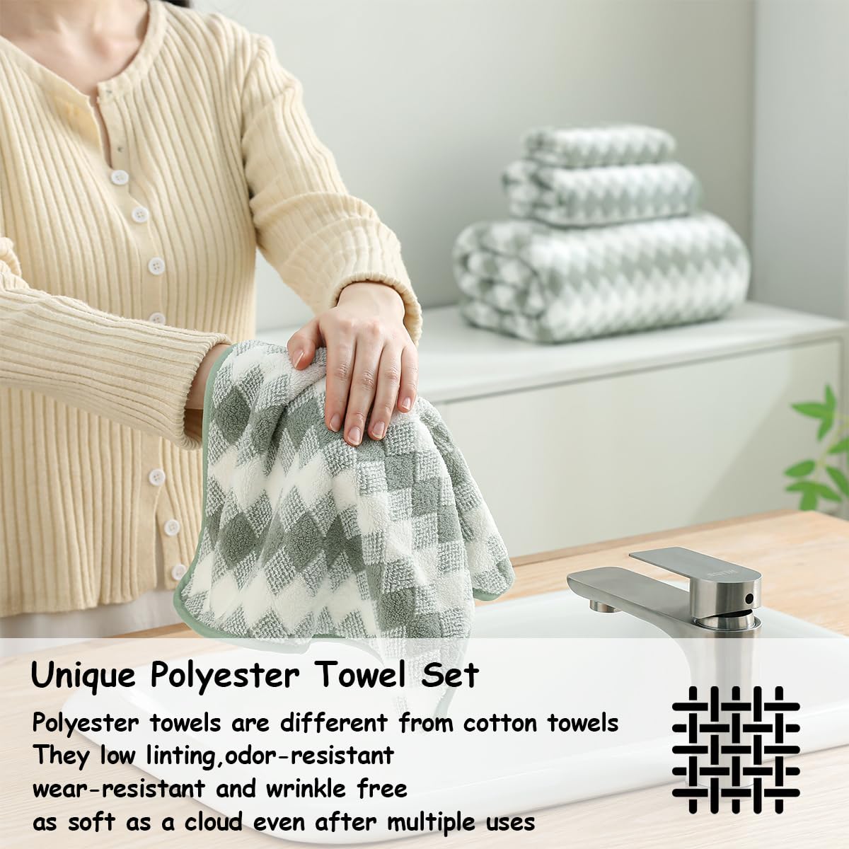 12 Pcs Light Gray Diamond Towel Set-4 Bath Towels,4 Hand Towels,4 Washcloths Soft Polyester Towels with Loop Absorbent Shower Towel Quick Dry Beach Chair Towel Family Towels for Bathroom Spa Gym Pool BST220