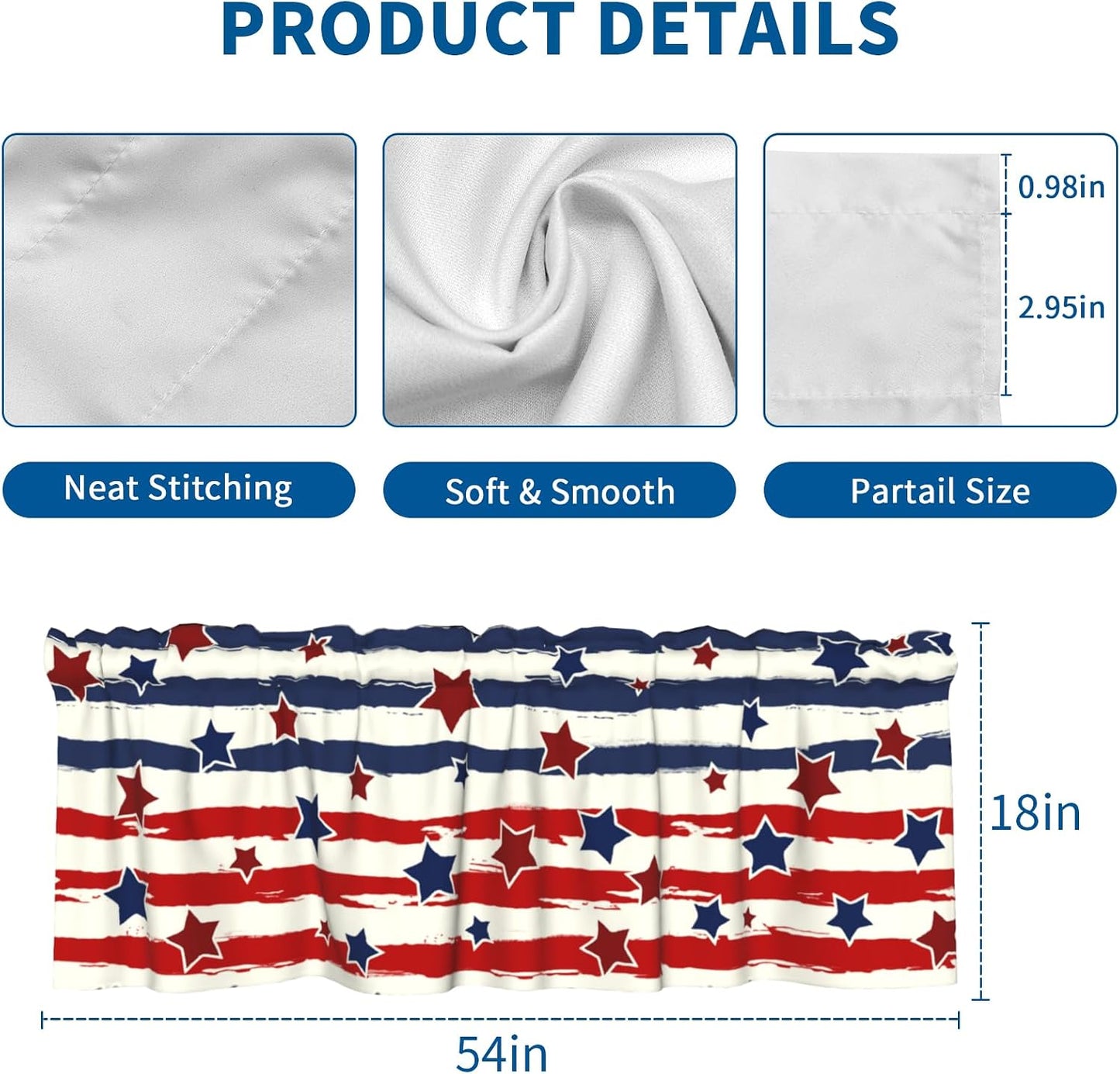 4th of July Kitchen Valances for Windows 2 Pack 54"x18" Patriotic Stars and Stripes Short Curtains Americana Independence Day Memorial Day Window Treatment Rod Pocket Valance for Living Room Decor BST326L