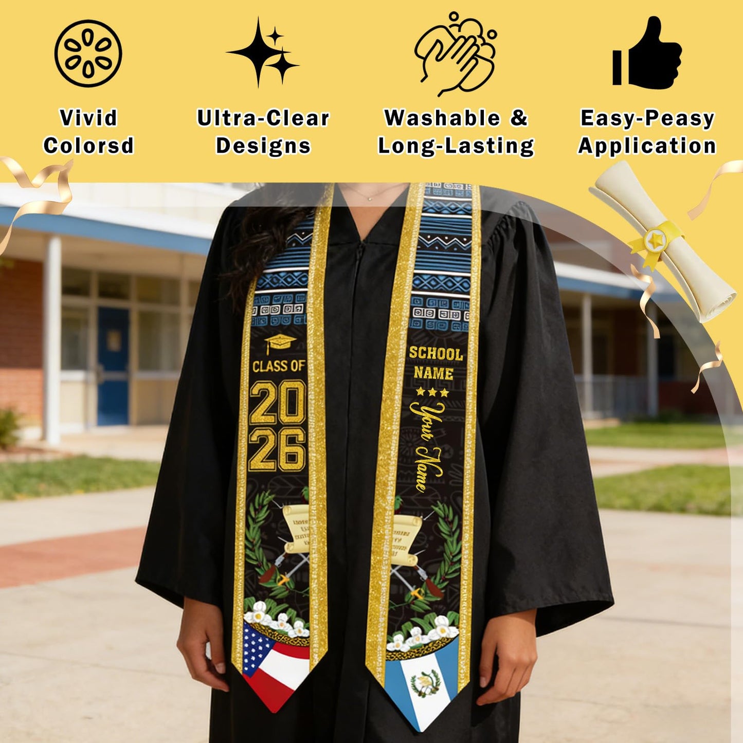 Dazoratix Filipino Graduation Stole 2026 - Philippines American Flag Sash Personalized Custom Glitter Iron on Letters Patches DIY Customize Transfer Stickers for Senior Student School Grad Decorations BST326L