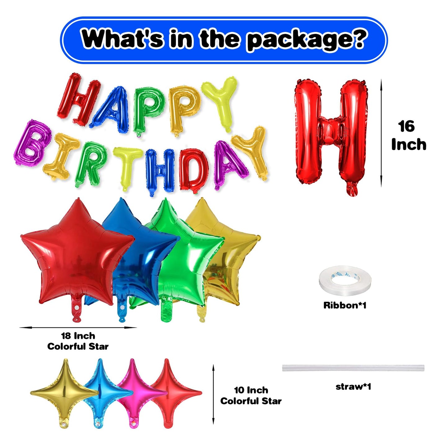 Happy Birthday Balloons Banner, Rainbow Happy Birthday Foil Balloons 16 Inch Foil Letter Balloon with 8 Pcs Gradient Blue Pink Star Balloon for Women Men Boys Girls Birthday Party Decoration WN420