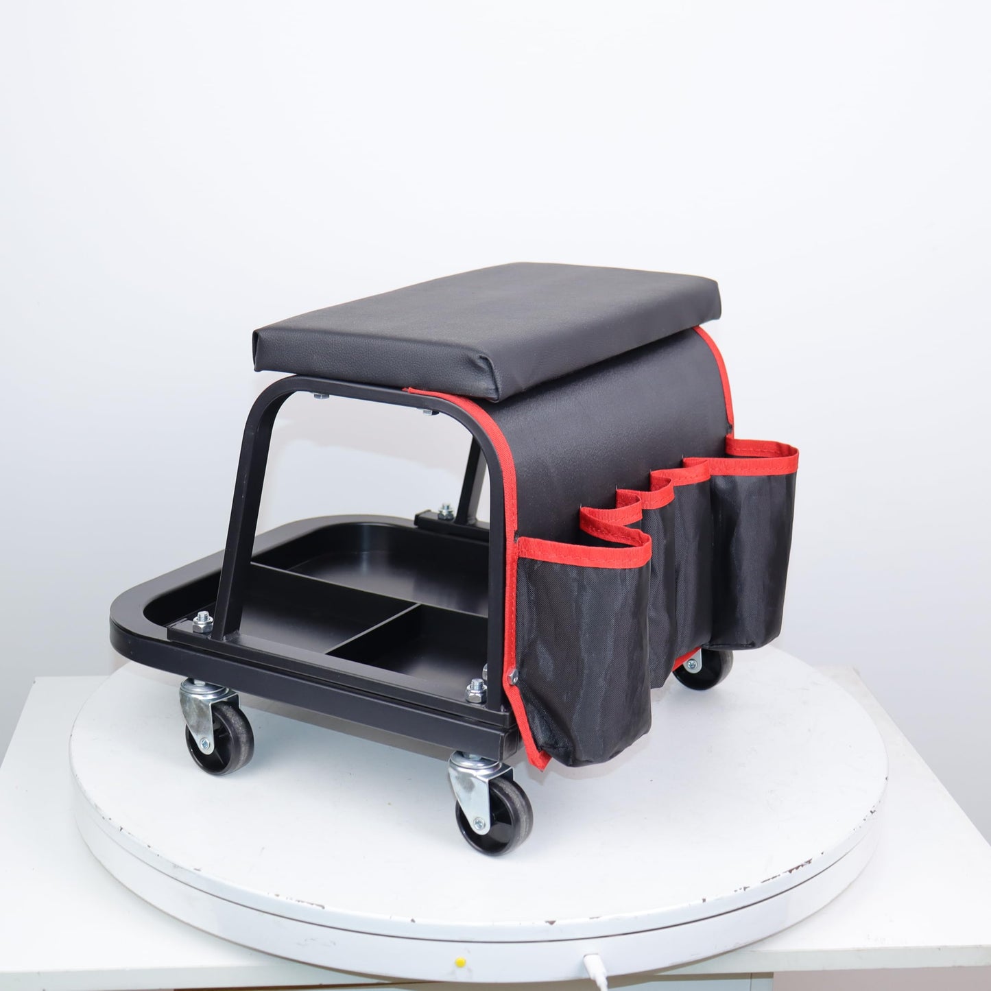 Rolling Mechanic Garage Stool on Wheels with Padded Cushion, Tool Tray Storage and Side Pockets, 300 LBS Capacity, Red BST220