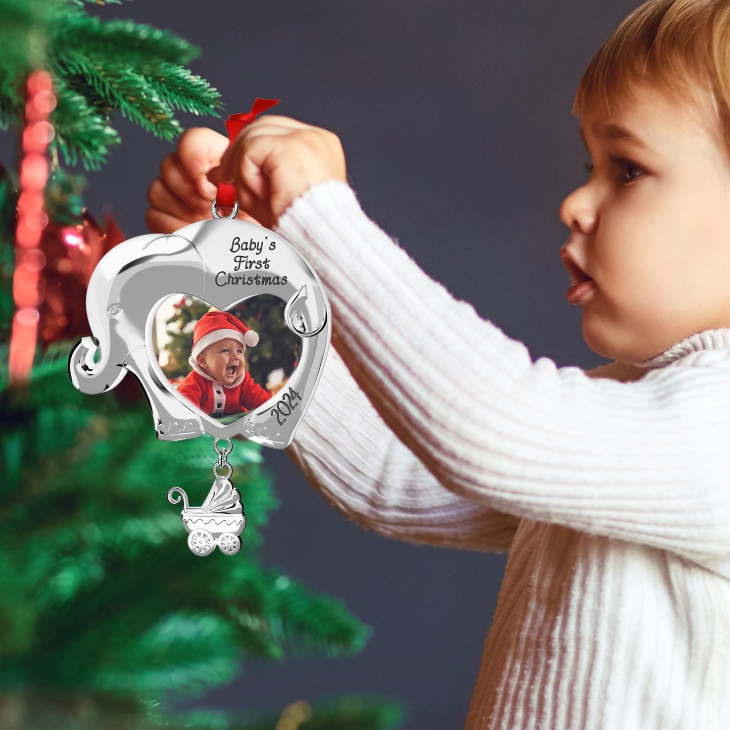 Babys First Christmas Ornament 2024 Boy Girl, Custom Personalized Babies First Xmas Tree Picture Frame WN420
