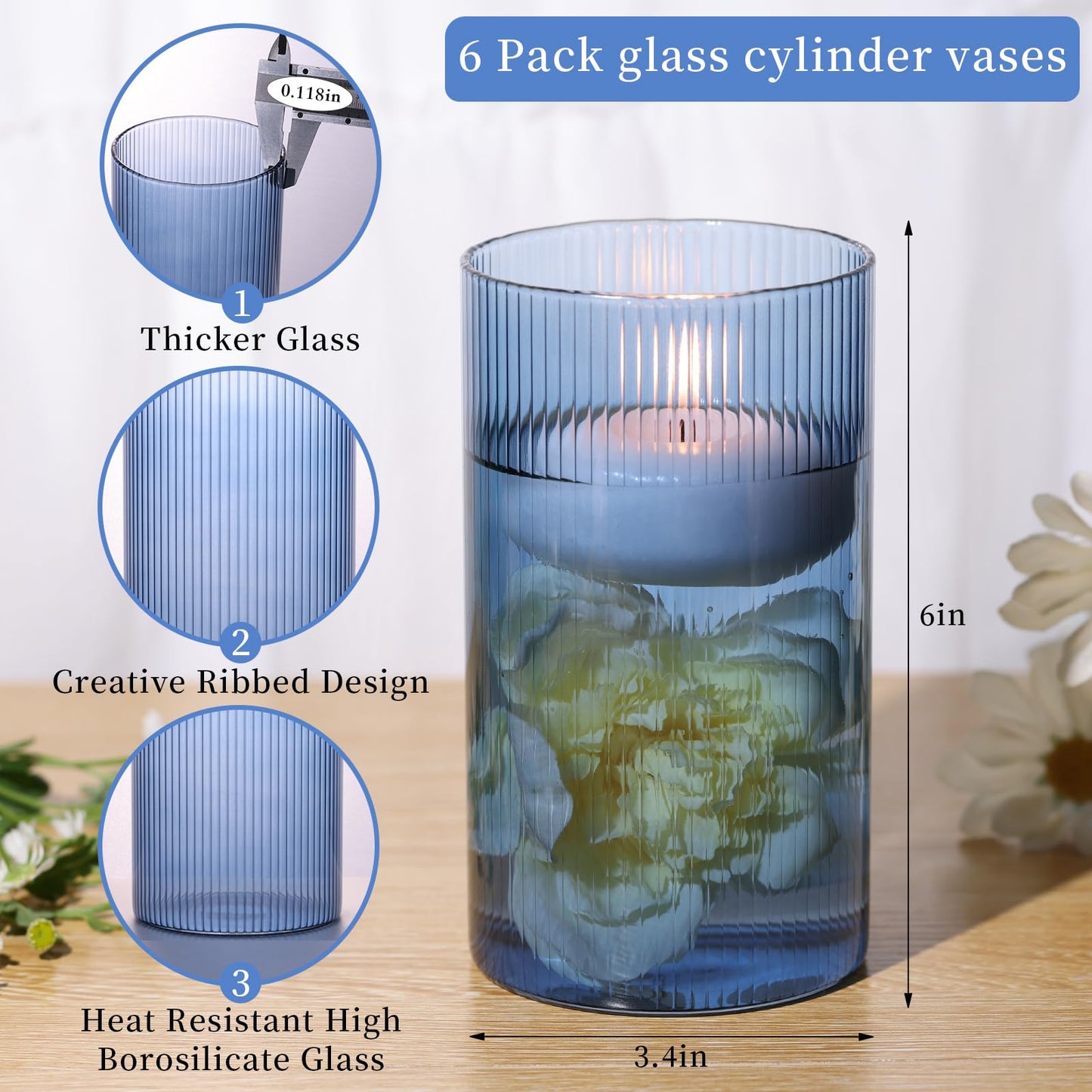 Glass Ribbed Cylinder Vases, 8 Inch Tall, Clear, Pack of 3 | Flower Vases in Bulk, Hurricane Floating Candle Vases, For Party Home Decor BST326H