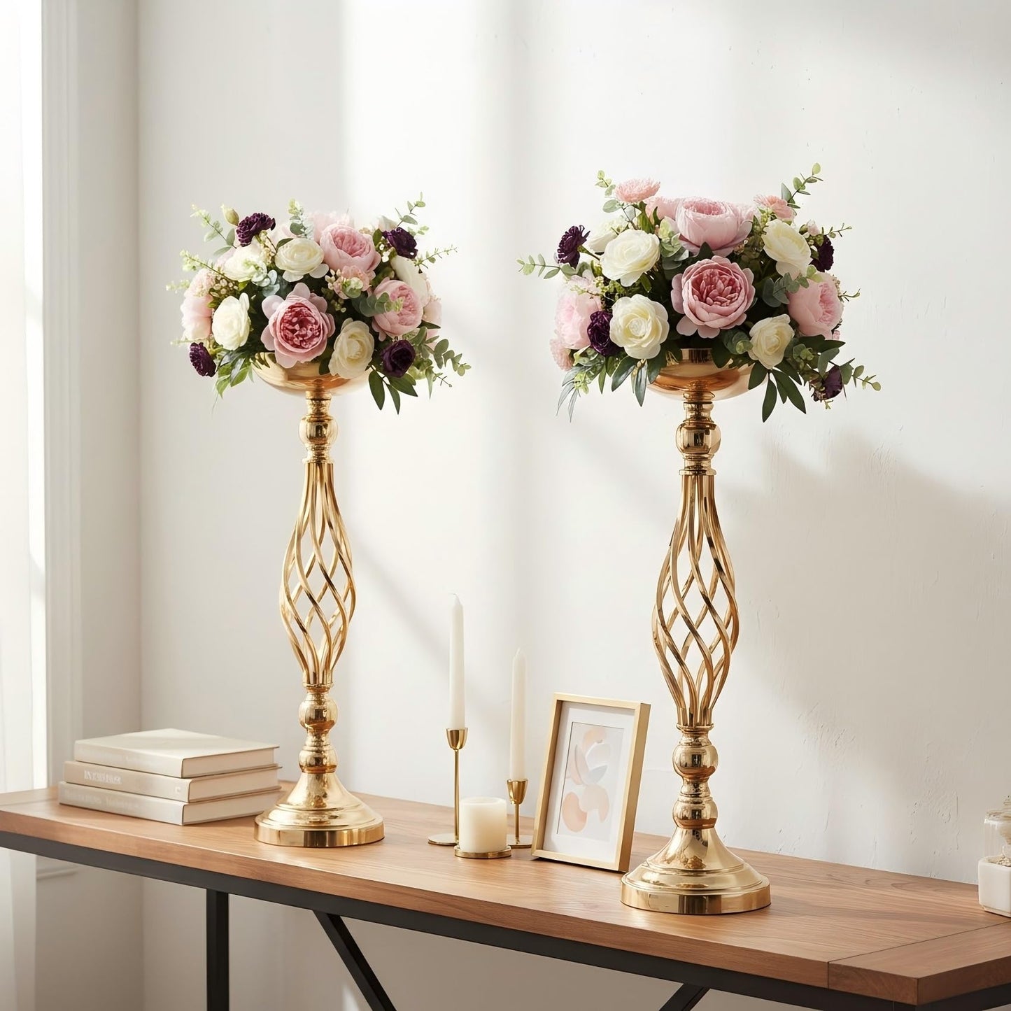 2pcs Metal Silver Candle Holders Road Lead Table Centerpiece Stand Pillar Candlestick for Wedding Candelabra Flowers Vases WN420