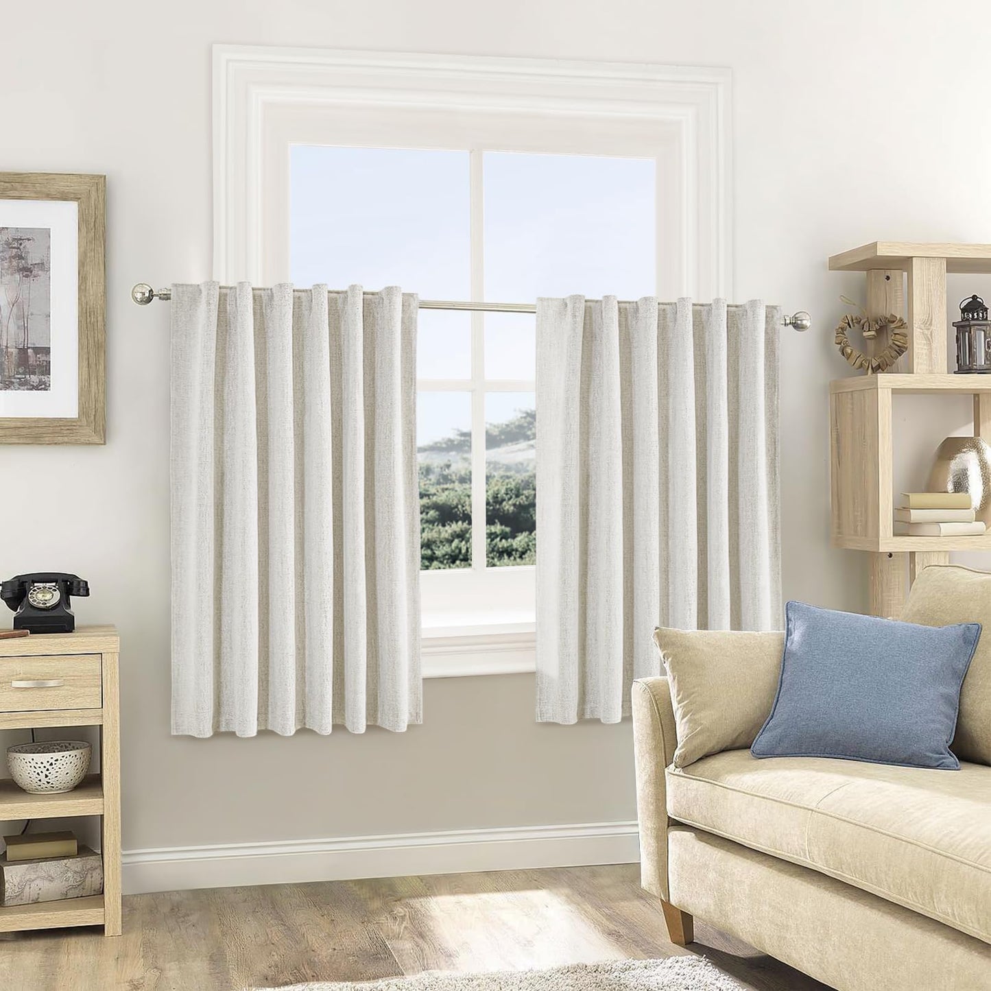 PANGSINNE Short Curtains for Windows Bathroom, 100% Blackout Linen Boho Back Tab Pleated Cafe Curtains for Kitchen Bedroom, 54 Inch Length 2 Panels Set, Dusty Blue BST326H