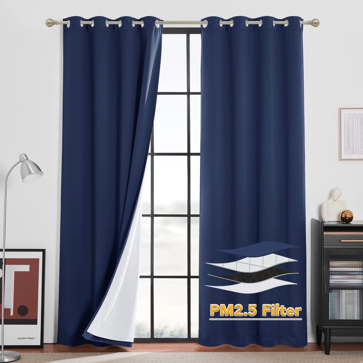 RYB HOME 4-in-1 Dust Filtering Soundproof Blackout Insulating Privacy Window Curtains for Nursery Bedroom Living Room Rivider Sound Absorption Sheet, Black, W52 x L90 inch, 2 Panels BST220