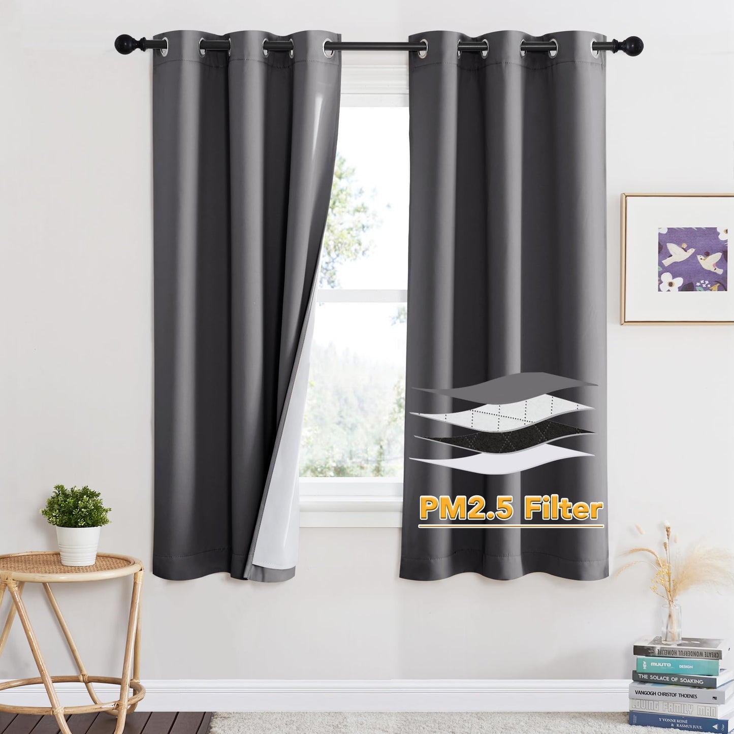RYB HOME 4-in-1 Dust Filtering Soundproof Blackout Insulating Privacy Window Curtains for Nursery Bedroom Living Room Rivider Sound Absorption Sheet, Black, W52 x L90 inch, 2 Panels BST220