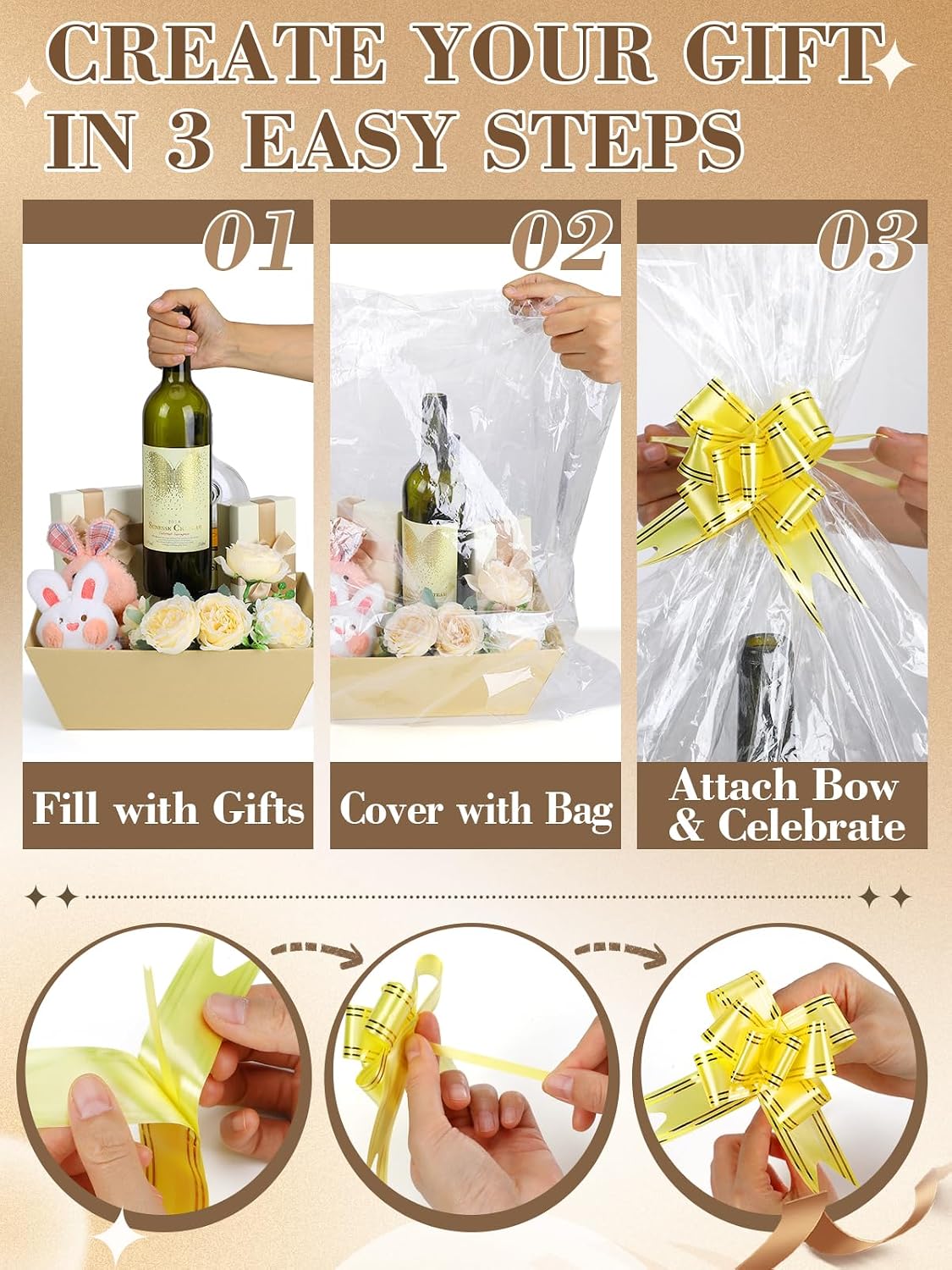 Beeplove 6 Sets Large Thick Kraft Baskets for Gifts Empty - Gift Baskets Empty Kit with Cellophane Wrap and Pull Bows for Easter Wedding Birthday Bridesmaid Baby Shower, Yellow WN420