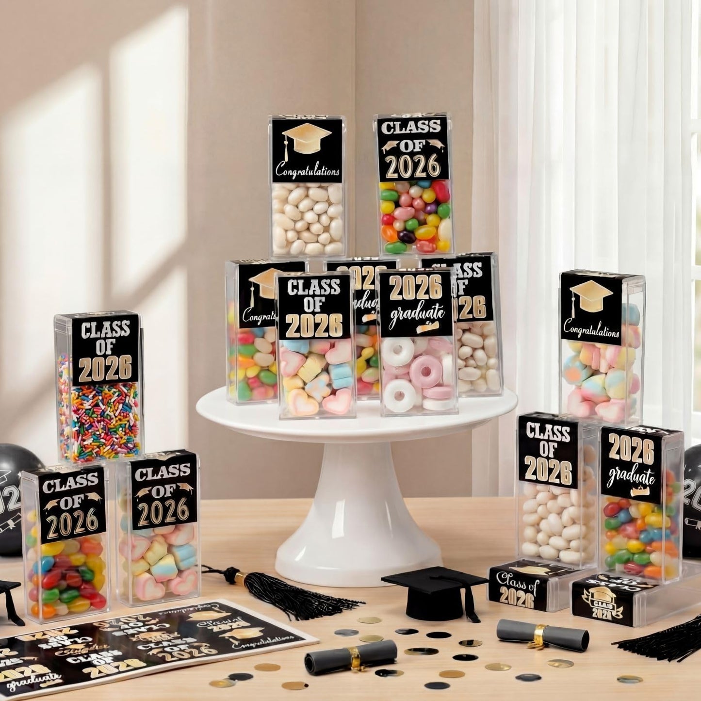 AceOrbit 2026 Graduation Candy Jar Bulk for 24 Guest 3.54 Inch Empty After Dinner Candy Tube Buffet Container Acrylic Box with Sticker for Class of 2026 End of Year Gifts Multi-item Party Favor(Blue) WN420