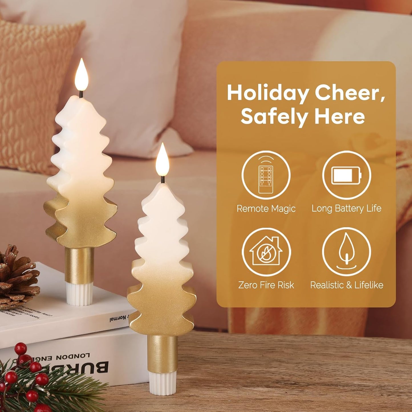 Eywamage Gold Christmas Tree Flameless Taper Candles with Remote, Short Battery Operated LED Wax Candlesticks Set of 4 WN420