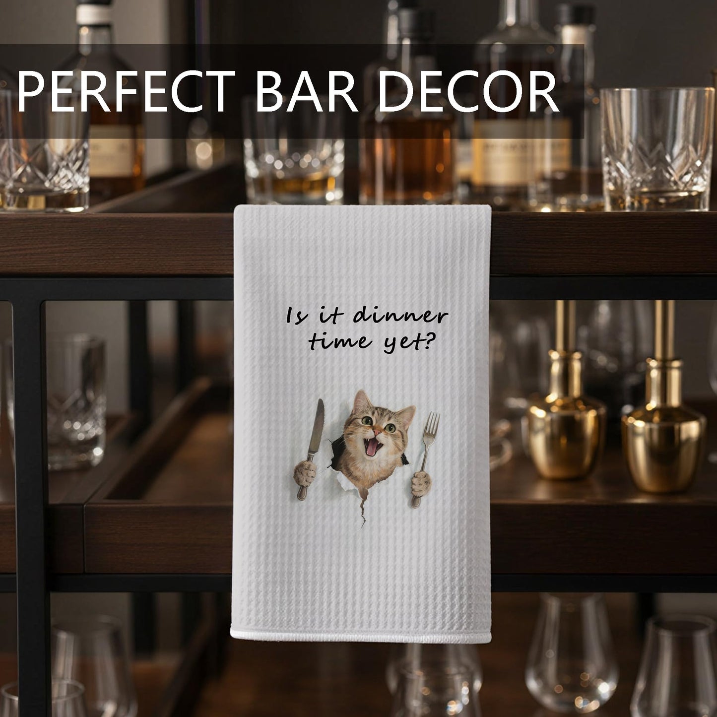 Funny Cat Gifts Kitchen Towels, Cute Cat with Knife and Fork Microfiber Dish Tea Towel for Kitchen Decor, Funny Cats Cooking Decor, is It Dinner Time Yet, 16x24 Inch BST220