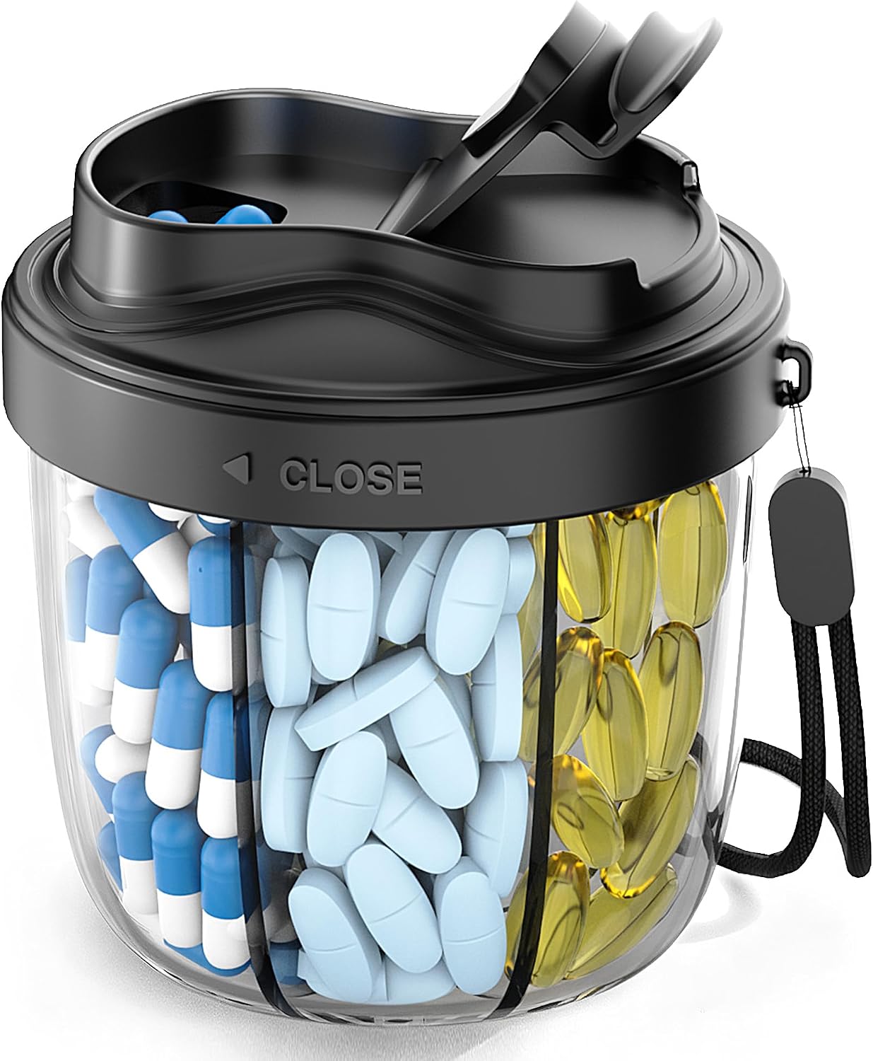 Cute Pill Organizer,Pill Dispenser with 7 Large Compartments,Portable Pill Bottle Box with Wide Opening for Easy Use, Anti-Mix Pills Organizer for Travel,Includes 20 Pcs Sticky Labels(Black) WN420