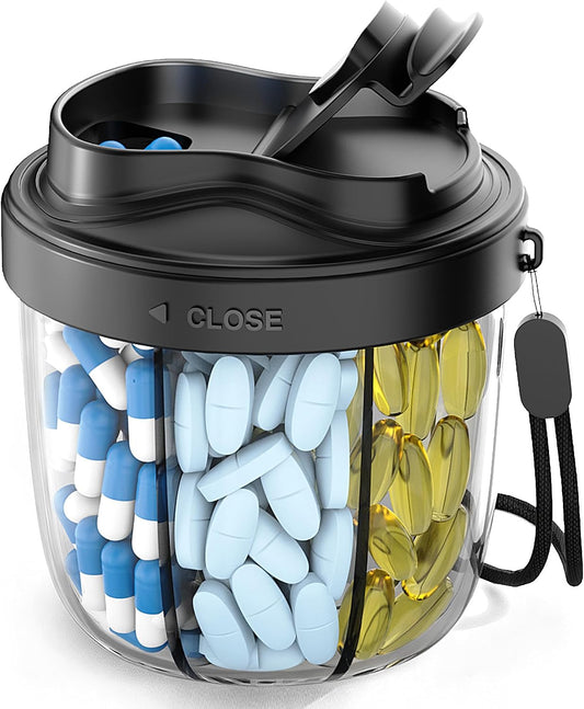 Cute Pill Organizer,Pill Dispenser with 7 Large Compartments,Portable Pill Bottle Box with Wide Opening for Easy Use, Anti-Mix Pills Organizer for Travel,Includes 20 Pcs Sticky Labels(Black) WN420
