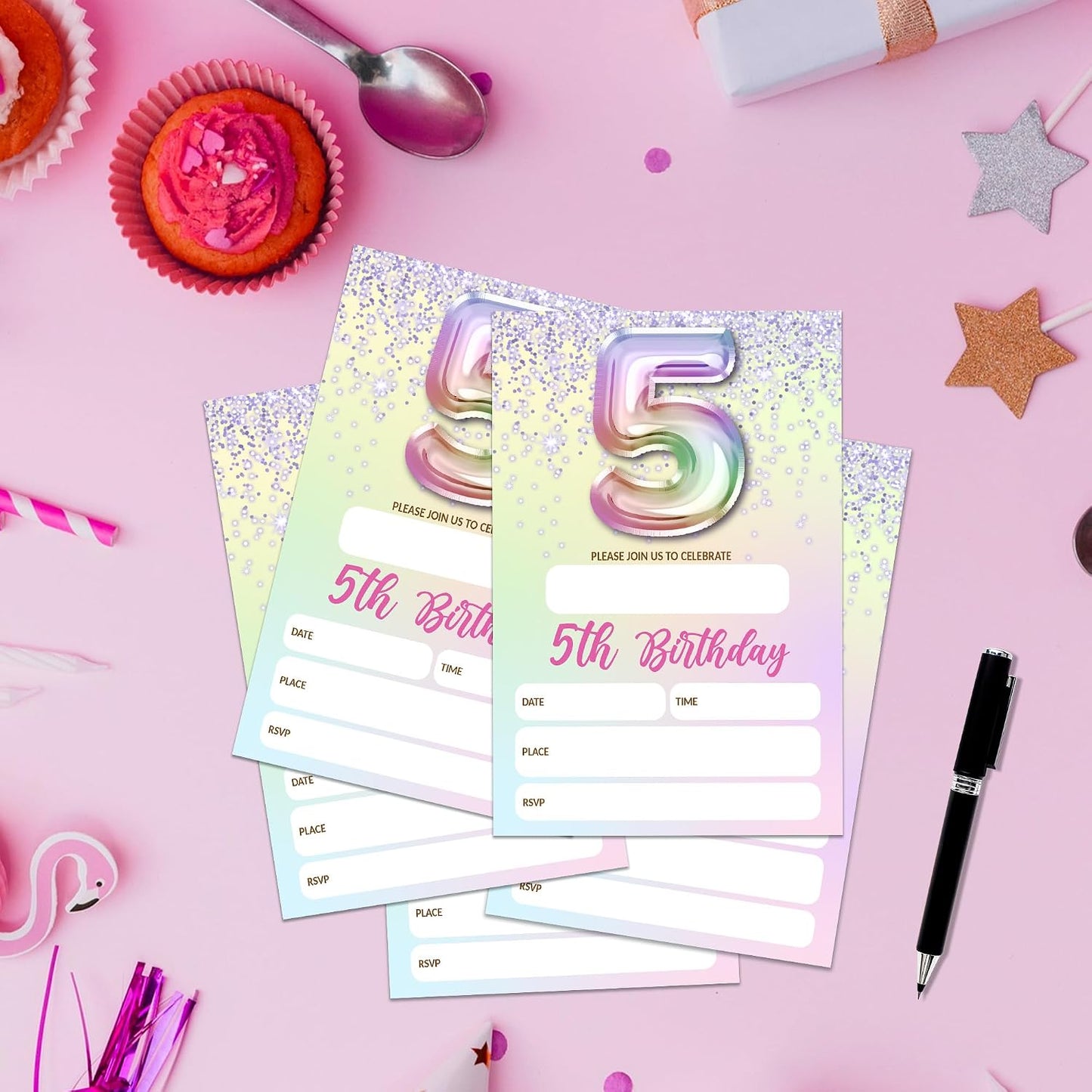 5th Birthday Invitations For Girl,Purple Glitter Birthday Invites, 20 Fill-in Rainbow Balloons Invitation Cards With Envelopes, Fifth Party Decorations 4x6 Inch-D05 WN420
