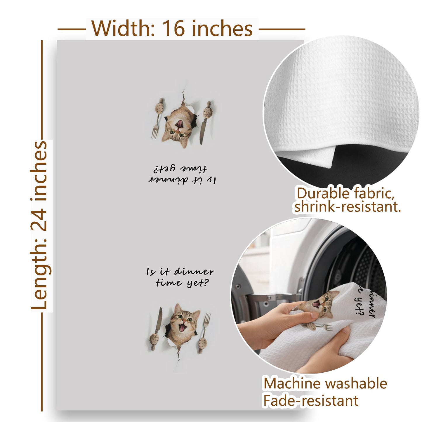 Funny Cat Gifts Kitchen Towels, Cute Cat with Knife and Fork Microfiber Dish Tea Towel for Kitchen Decor, Funny Cats Cooking Decor, is It Dinner Time Yet, 16x24 Inch BST220