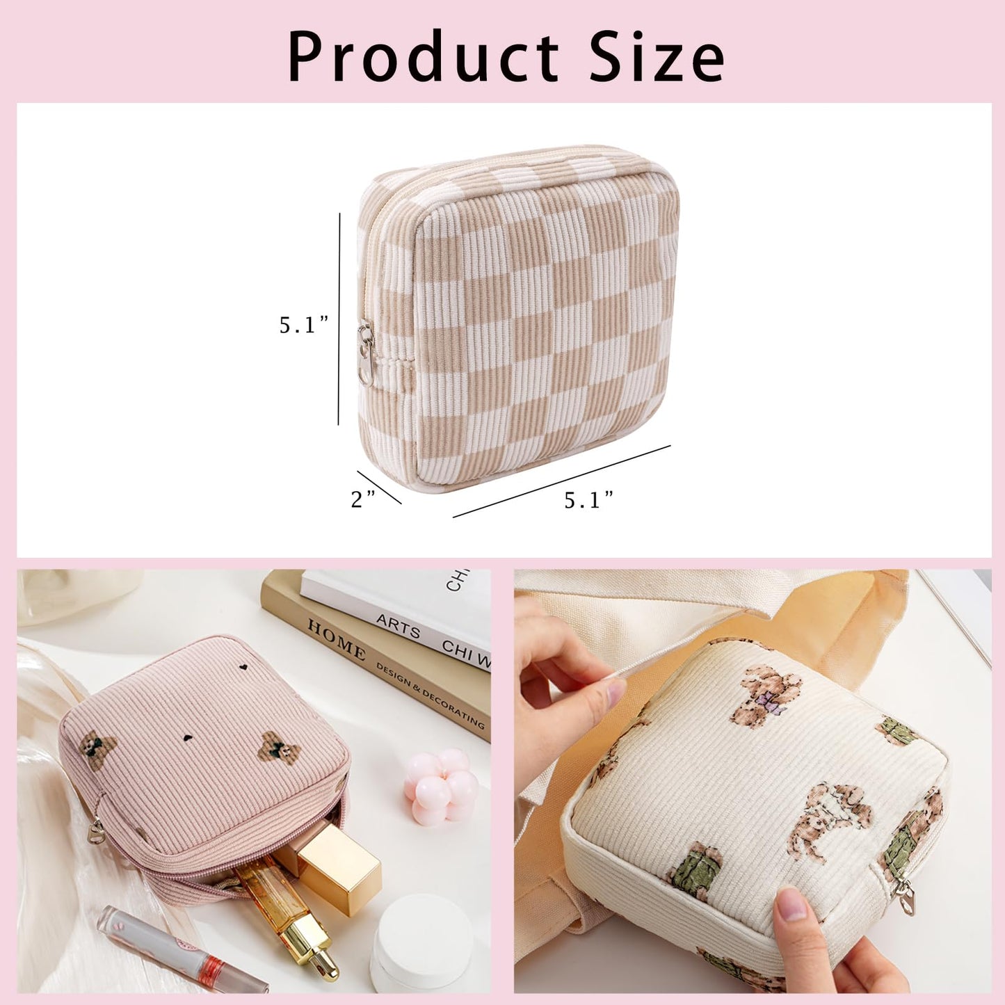 uekeboag Cute Small Corduroy Zipper Makeup Bag, Mini Coquette Aesthetic Pouch with Bear Pattern for for Purse,Key Pocket Lipstick Bag Card Holder Data Cable Organizer (12Hot Pink) BST220