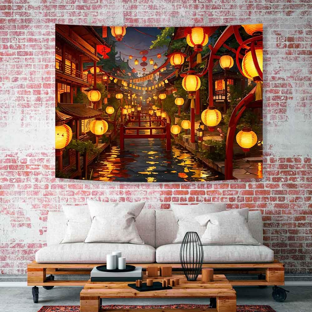 Ine Ive Japanese Tapestry Wall Hanging Large Size 93x71 Inch | Traditional Japan Streets filled with lanterns tapestry for Bedroom Living Room Dorm Office Restaurant Wall Decor BST202