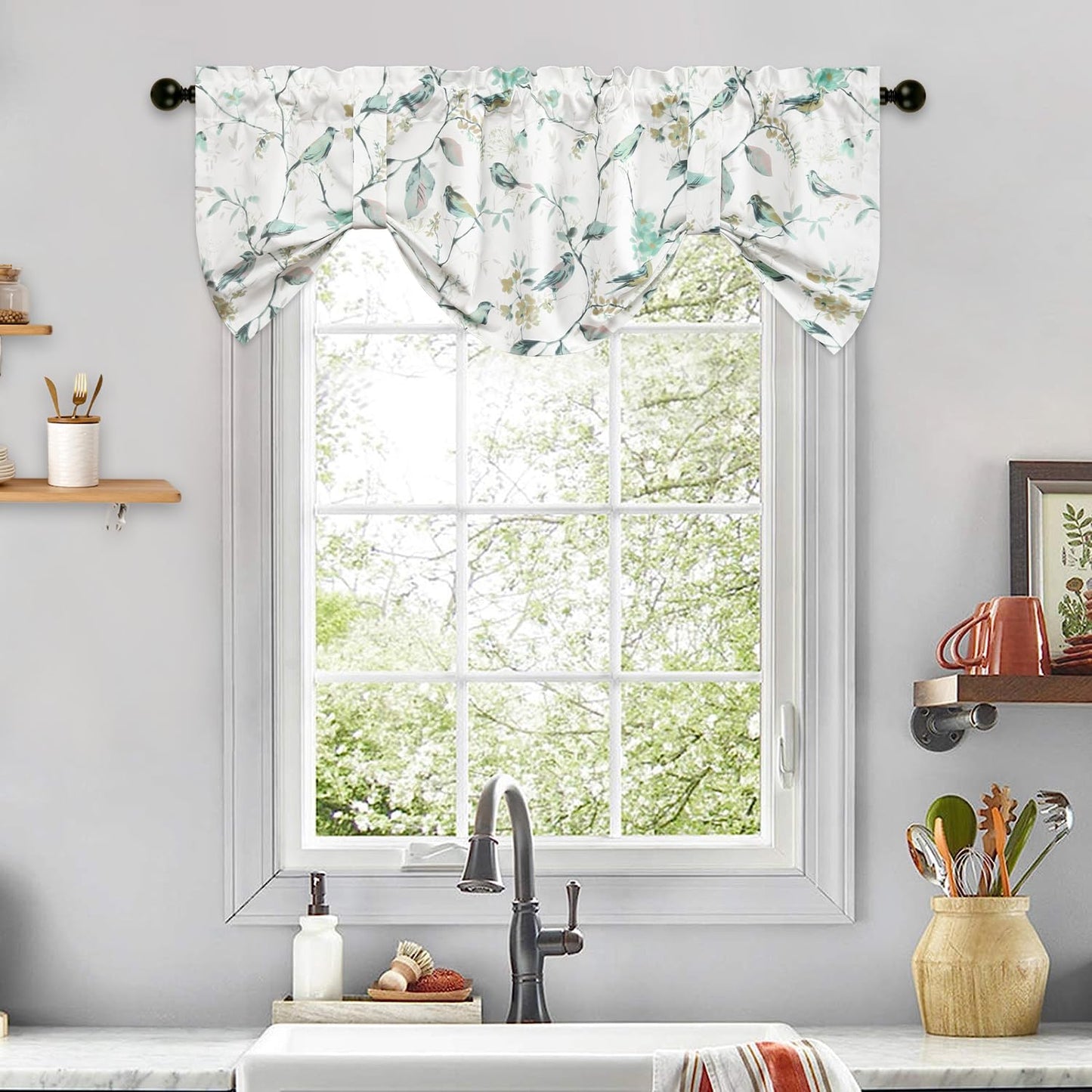 Leeva Tie Up Valance for Windows, Elegant Birds Pattern Light Filtering Window Treatment Valances for Bedroom Kitchen, One Panel, 52 x 18, Light Blue BST220