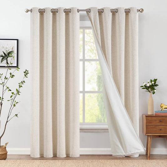 jinchan Room Darkening Curtains 90 Inch Length 2 Panels Set Linen Lined Curtains for Living Room Bedroom Farmhouse Grommet Thermal Insulated Drapes Light Locking for Door Window 50x90 Inch