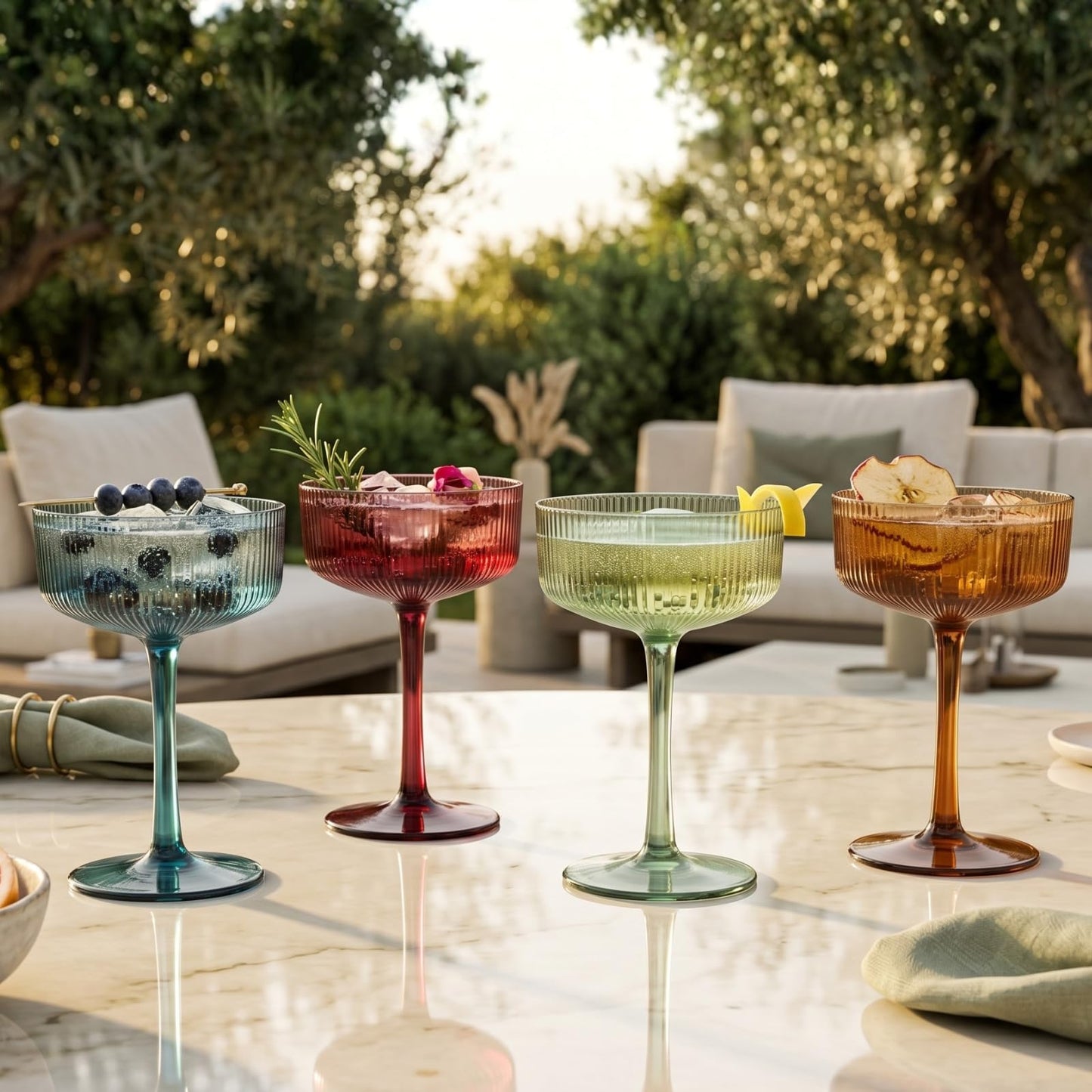Khen Pink Peach Acrylic Ribbed Coupe Martini Champagne Cocktail Glasses, Set of 4, 8 oz Shatterproof Ripple Stemware European Style Reusable Drinkware Goblets, Indoor Outdoor Parties Weddings Bar Gift BST220