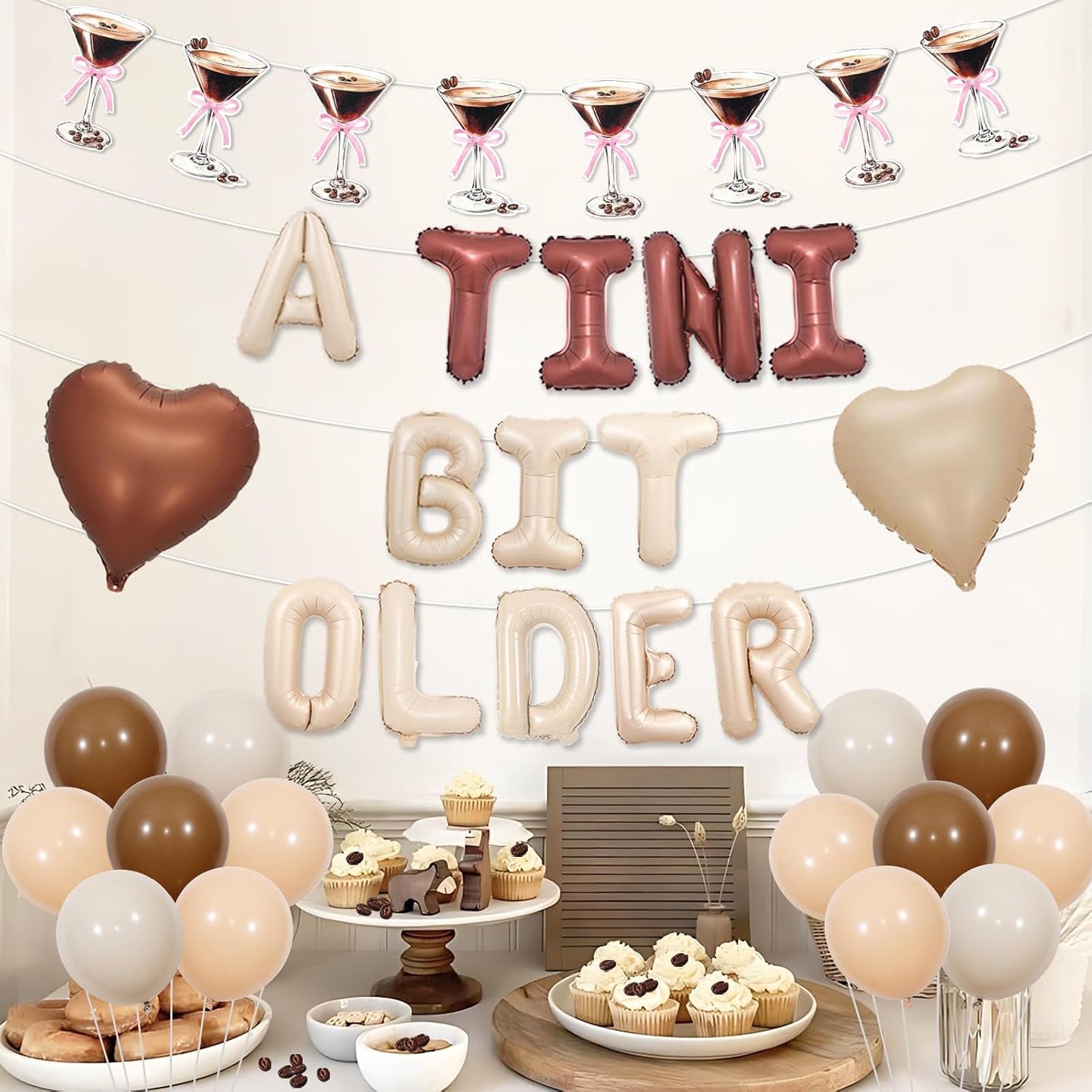 A Tini Bit Older Birthday Decorations Espresso Martini Themed Banner Garland A Tini Bit Older Foil Balloons Brown Beige Heart Shape Foil Balloons for Girl Martini Party Bachelorette Party Supplies BST202