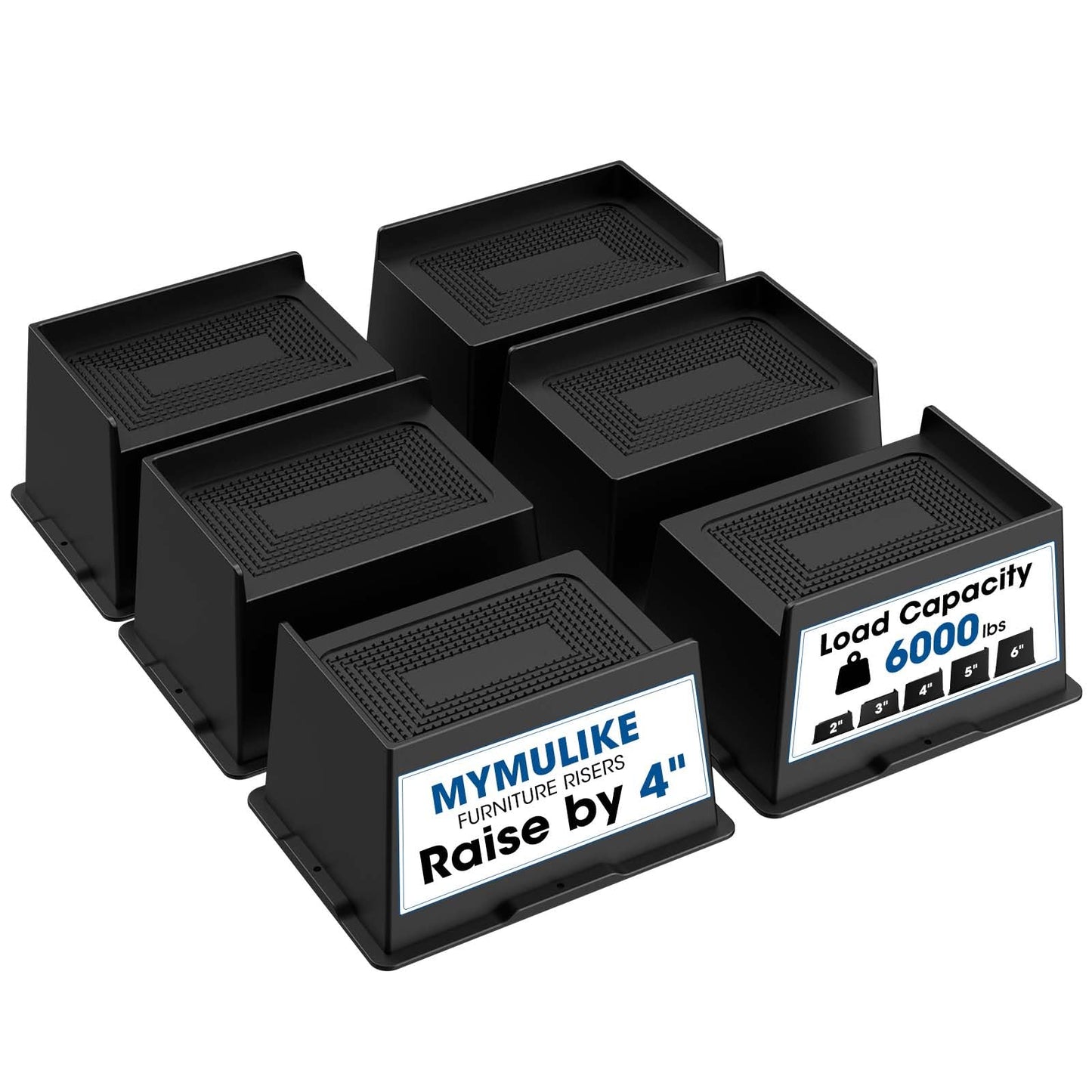 MYMULIKE Bed Risers 5 Inch Heavy Duty, Oversized Furnitures Risers 5 inch Support 6000 lbs, Bed Table Rising Blocks, Fits for Couch, Sofa, Chair, Furniture Lifts (Black 6 Pack) BST202