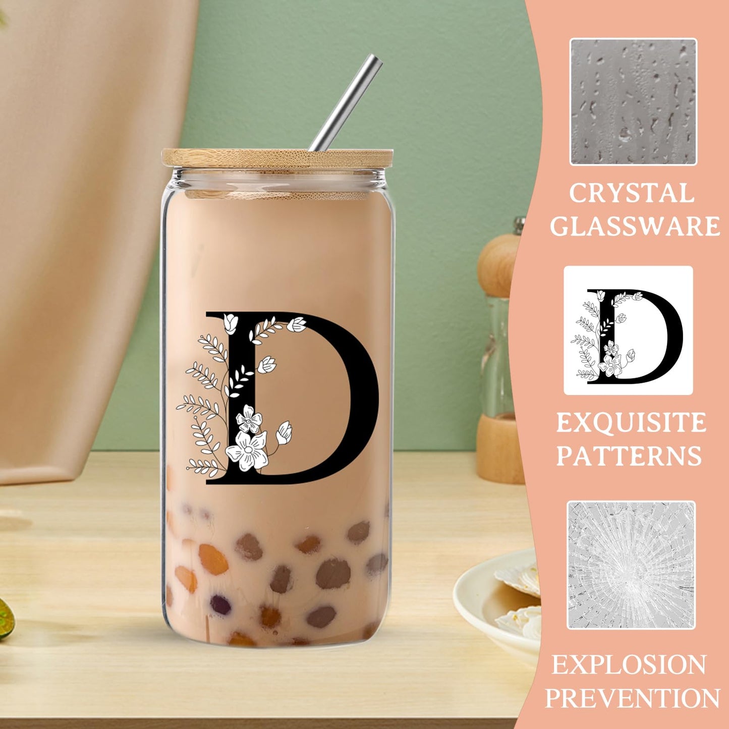 Monogrammed Initial Glass Cup with Lids and Straws gift for Women | Personalized Gift Set with Doll, 16 Oz Ice Coffee Cup ,reusable glass tumbler,Birthday Christmas Gift for Her,U WN420