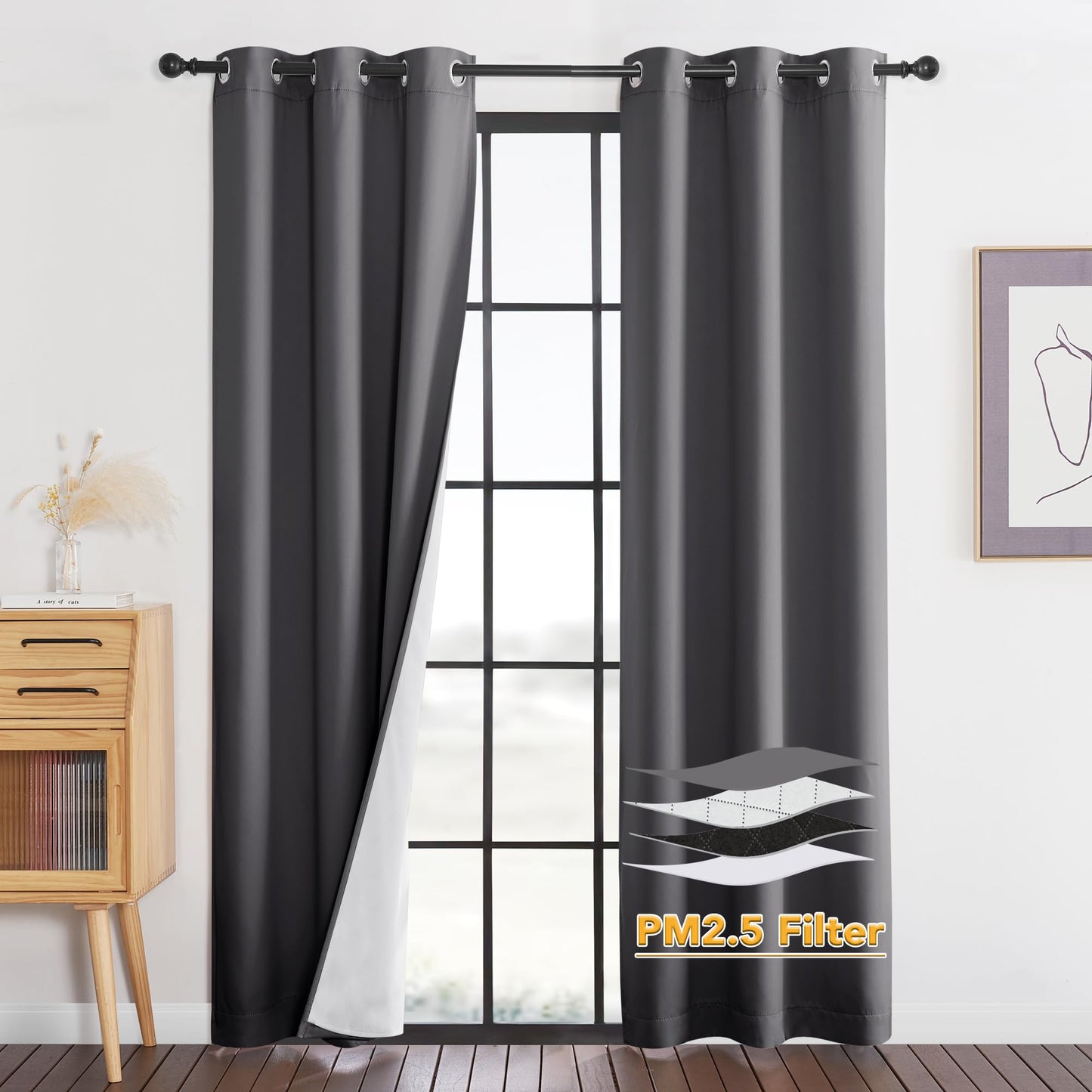 RYB HOME 4-in-1 Dust Filtering Soundproof Blackout Insulating Privacy Window Curtains for Nursery Bedroom Living Room Rivider Sound Absorption Sheet, Black, W52 x L90 inch, 2 Panels BST220