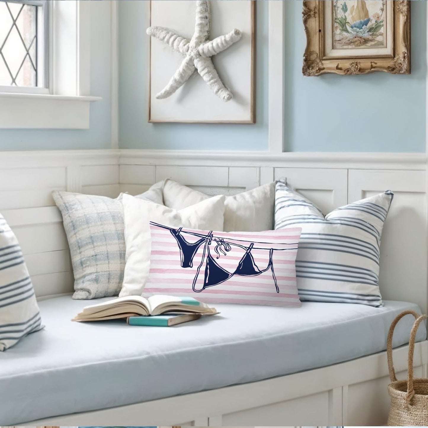 Coastal Beach Girly Room Decor 12x20 Pillow Cover, Preppy Beach Navy Blue Bikini Striped Decorative Lumbar Pillow Covers for Girls Bedroom College Dorm Sofa Couch BST326L