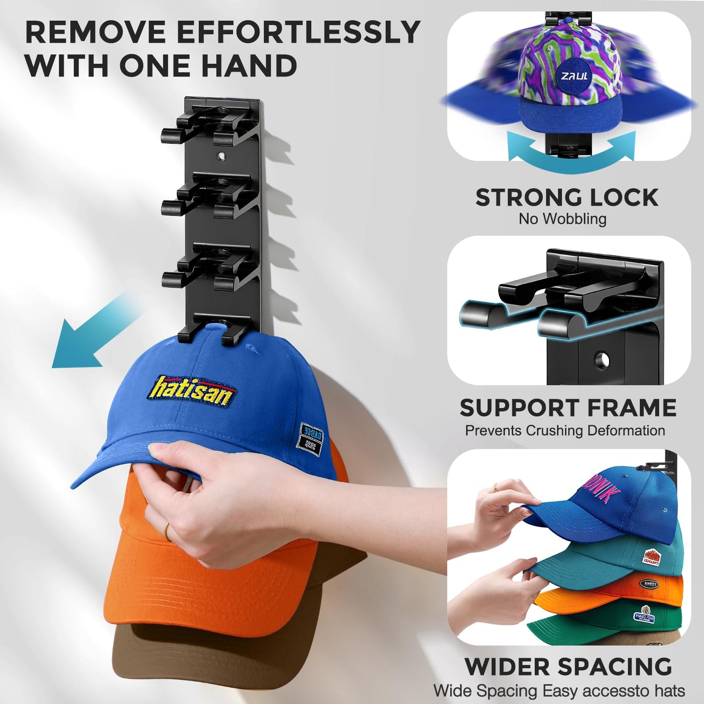 Hat Hook for Wall, 2 Pack Hat Organizer Hold up to 20 Hats,Hat Holder with Strong Adhesive and 8 Pack Screws, Cap Holder Hat Hangers for Wall Closet Door and Bedroom(B-Black) BST220