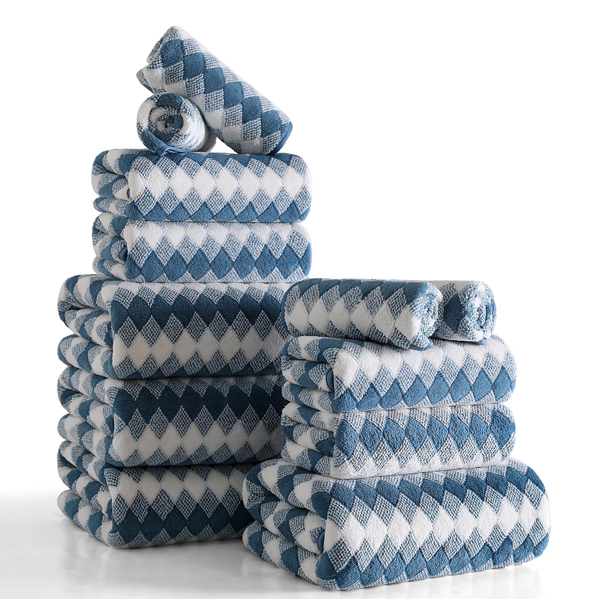 12 Pcs Light Gray Diamond Towel Set-4 Bath Towels,4 Hand Towels,4 Washcloths Soft Polyester Towels with Loop Absorbent Shower Towel Quick Dry Beach Chair Towel Family Towels for Bathroom Spa Gym Pool BST220