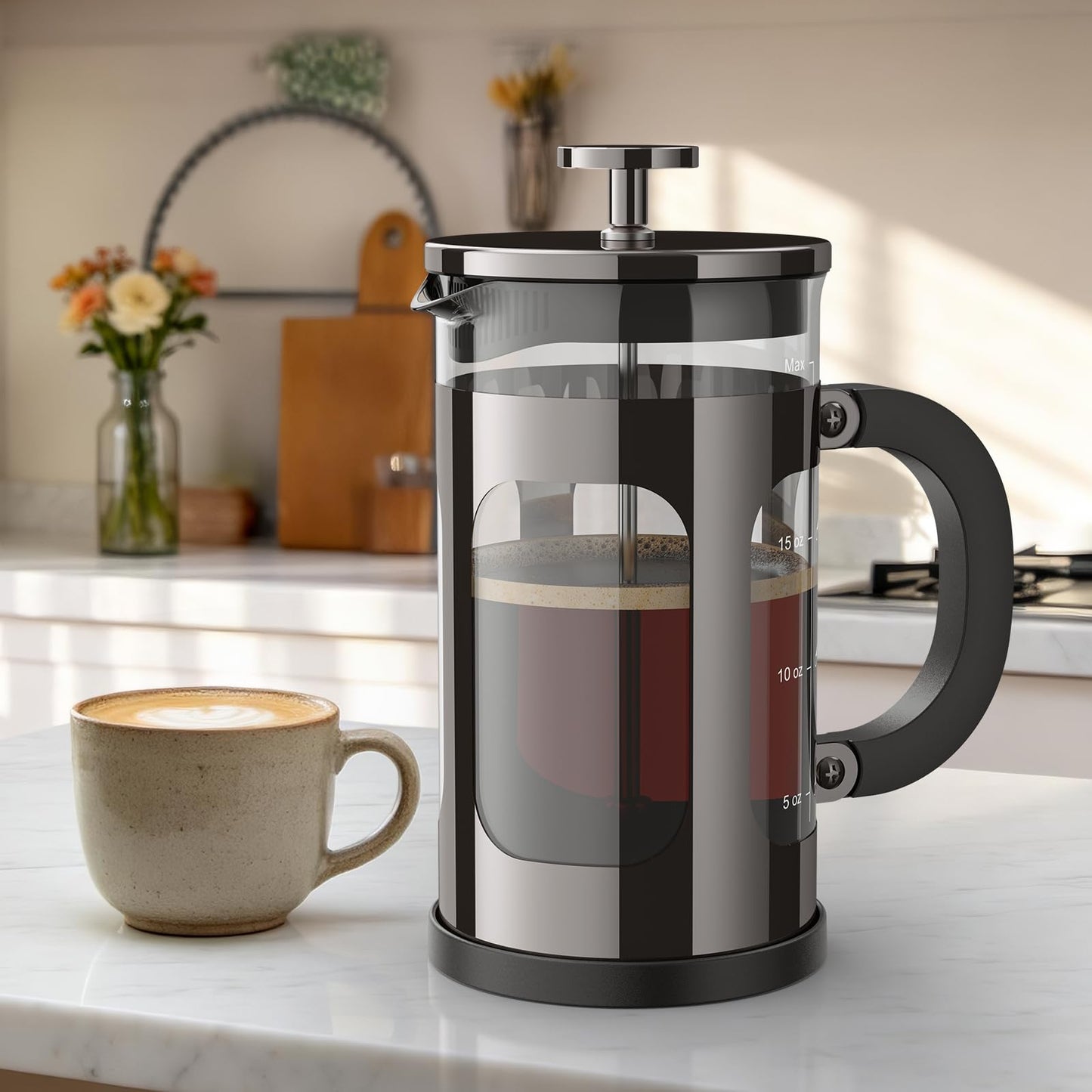 Veken French Press Coffee Maker 34oz, No Plastic Touching Cafe,Thickened Glass Stainless Steel Brewer, Cold Brew Cafetera Tea pot for Kitchen Travel Camping, Gifts, Decor, Bar Accessories, Dark Pewter
