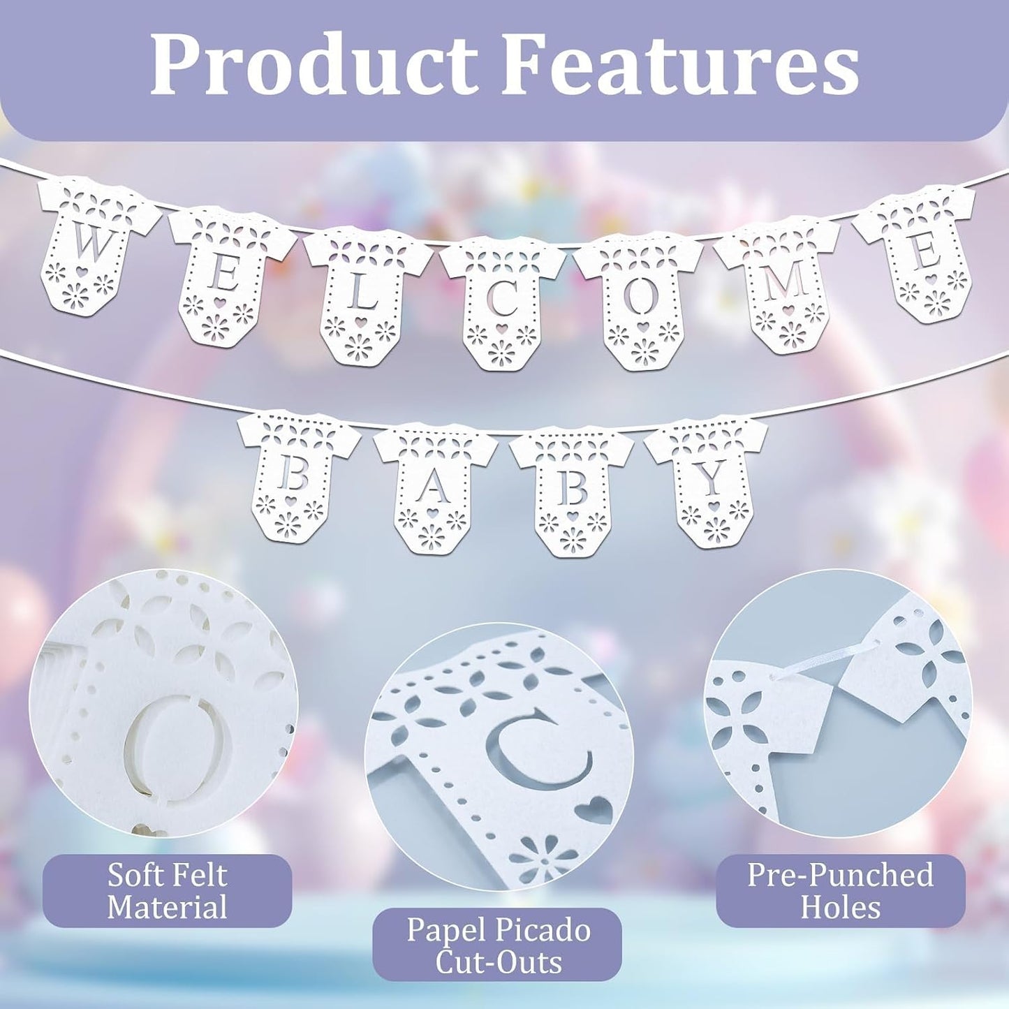 2 Pack White Papel Picado Banner, Mexican Welcome Baby Banner, Felt Onesie Baby Shower Garlands, Fiesta Gender Reveal Party Supplies, Baby Shower Backdrop Decoration Props BST220