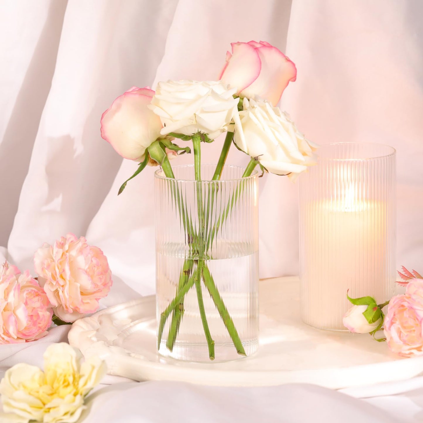 Glass Ribbed Cylinder Vases, 8 Inch Tall, Clear, Pack of 3 | Flower Vases in Bulk, Hurricane Floating Candle Vases, For Party Home Decor BST326H