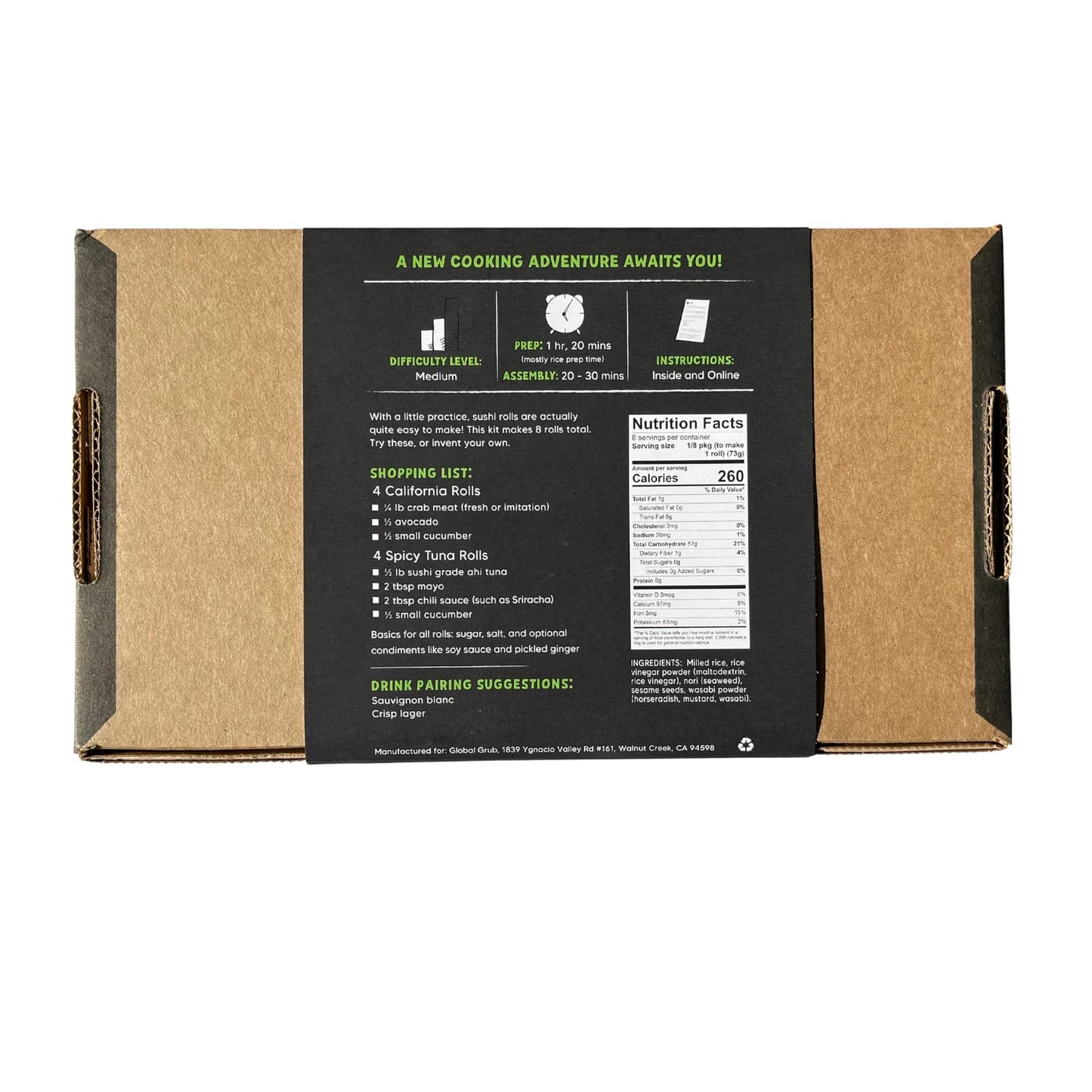 Global Grub DIY Sushi Making Kit - Sushi Kit With Ingredients - Sushi Rice, Nori Sushi Seaweed, Sushi Rice Seasoning, Sesame Seeds, Wasabi Powder - Bamboo Rolling Mat, Instructions, Makes 48 Pieces DD1210
