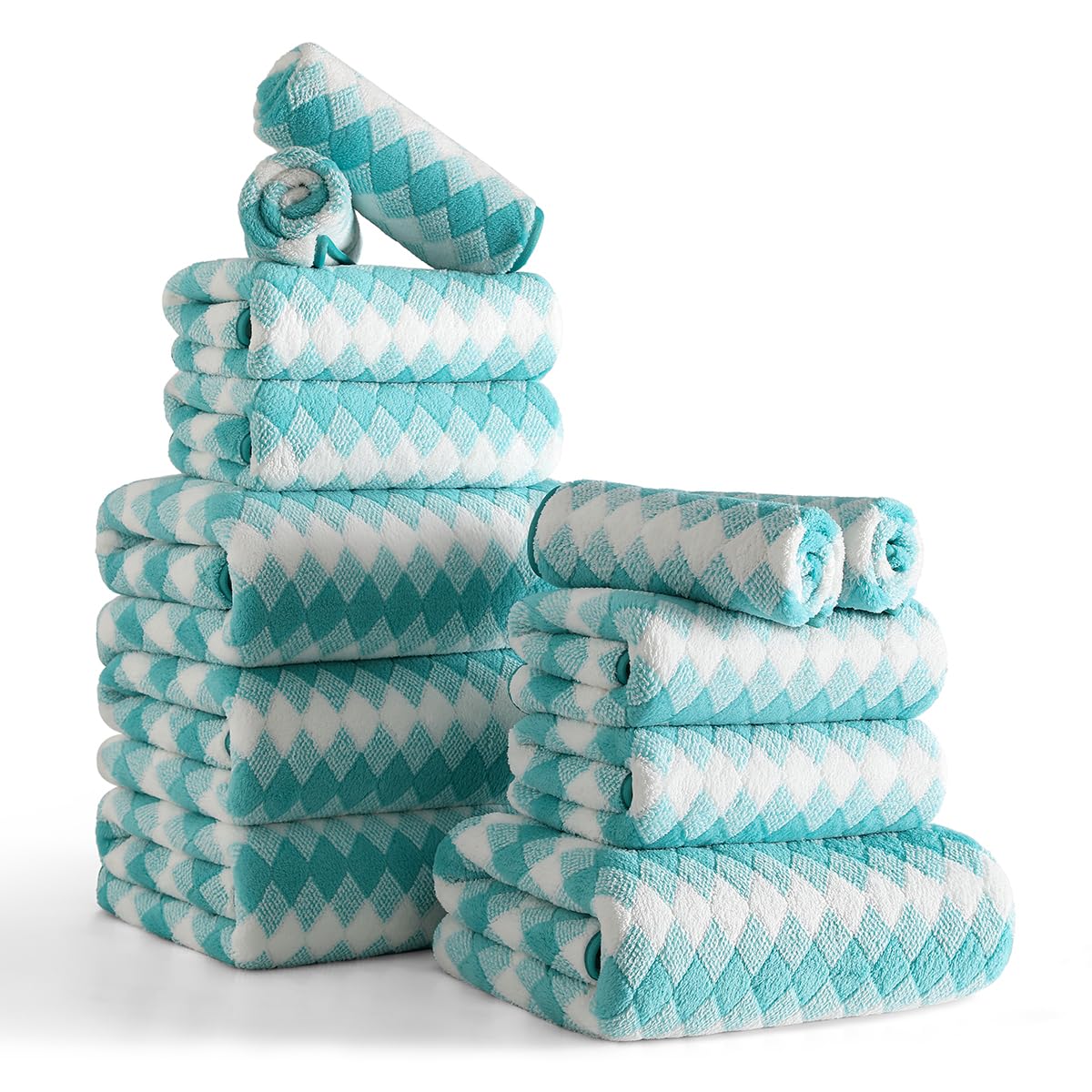 12 Pcs Light Gray Diamond Towel Set-4 Bath Towels,4 Hand Towels,4 Washcloths Soft Polyester Towels with Loop Absorbent Shower Towel Quick Dry Beach Chair Towel Family Towels for Bathroom Spa Gym Pool BST220