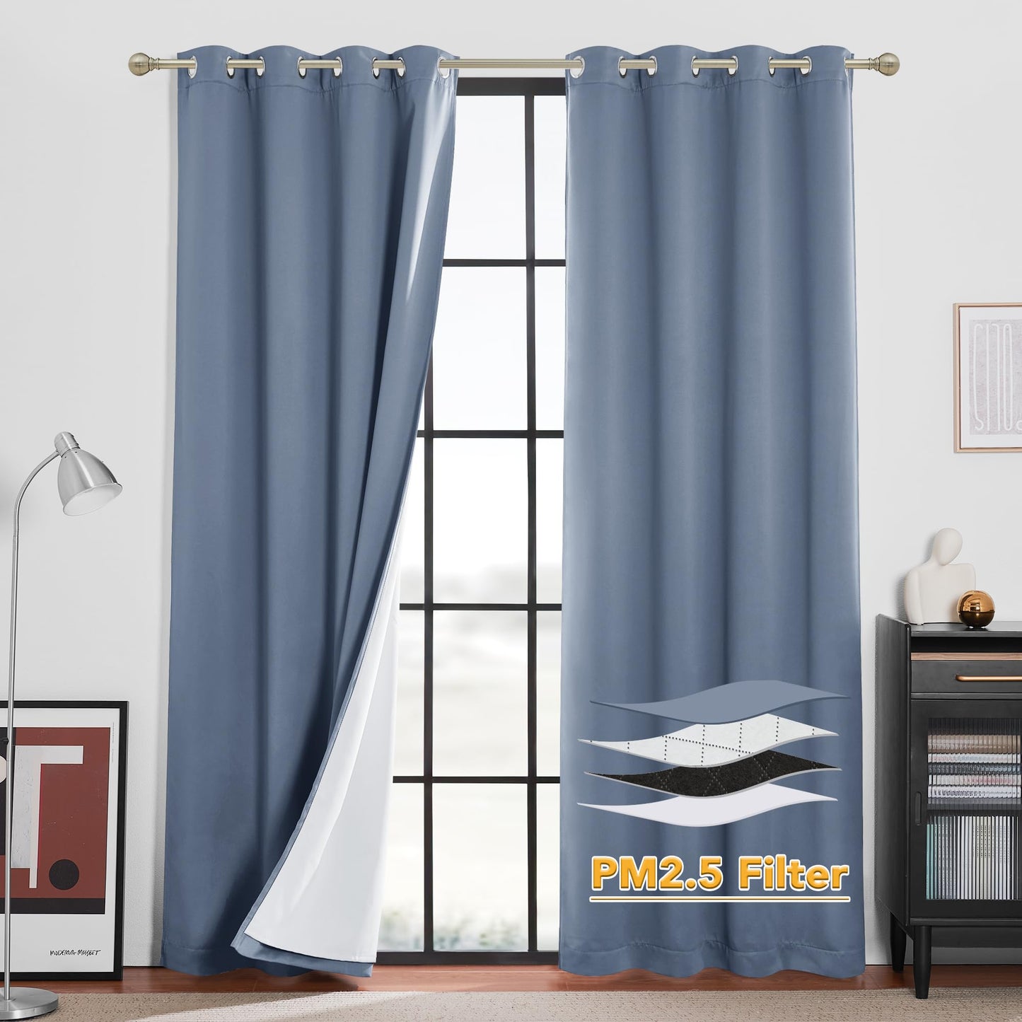 RYB HOME 4-in-1 Dust Filtering Soundproof Blackout Insulating Privacy Window Curtains for Nursery Bedroom Living Room Rivider Sound Absorption Sheet, Black, W52 x L90 inch, 2 Panels BST220