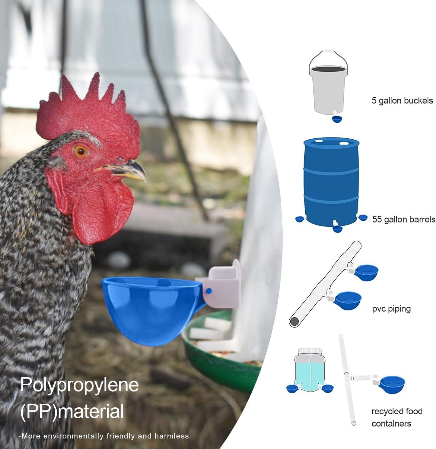 Darcvds Professional Chicken Waterer Cups, 8 Packs Blue Large Chicken Water Feeder, Tee Fittings Poultry Waterer Suitable for Duck, Chicks, Goose, Turkey, Bunny and Bird with Mounting Hole Opener WN420