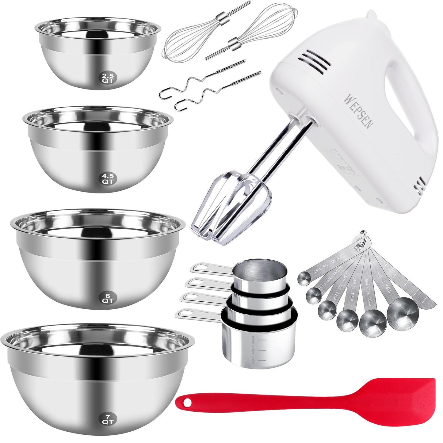WEPSEN Mixing Bowls Set, 25PCS Stainless Steel Mixing Bowl with Lid Set, Large Nesting Bowls 7, 4.5, 3,2, 1.5QT, Measuring Cups and Spoons Baking Utensils Metal Bowl for Kitchen Prep BST220