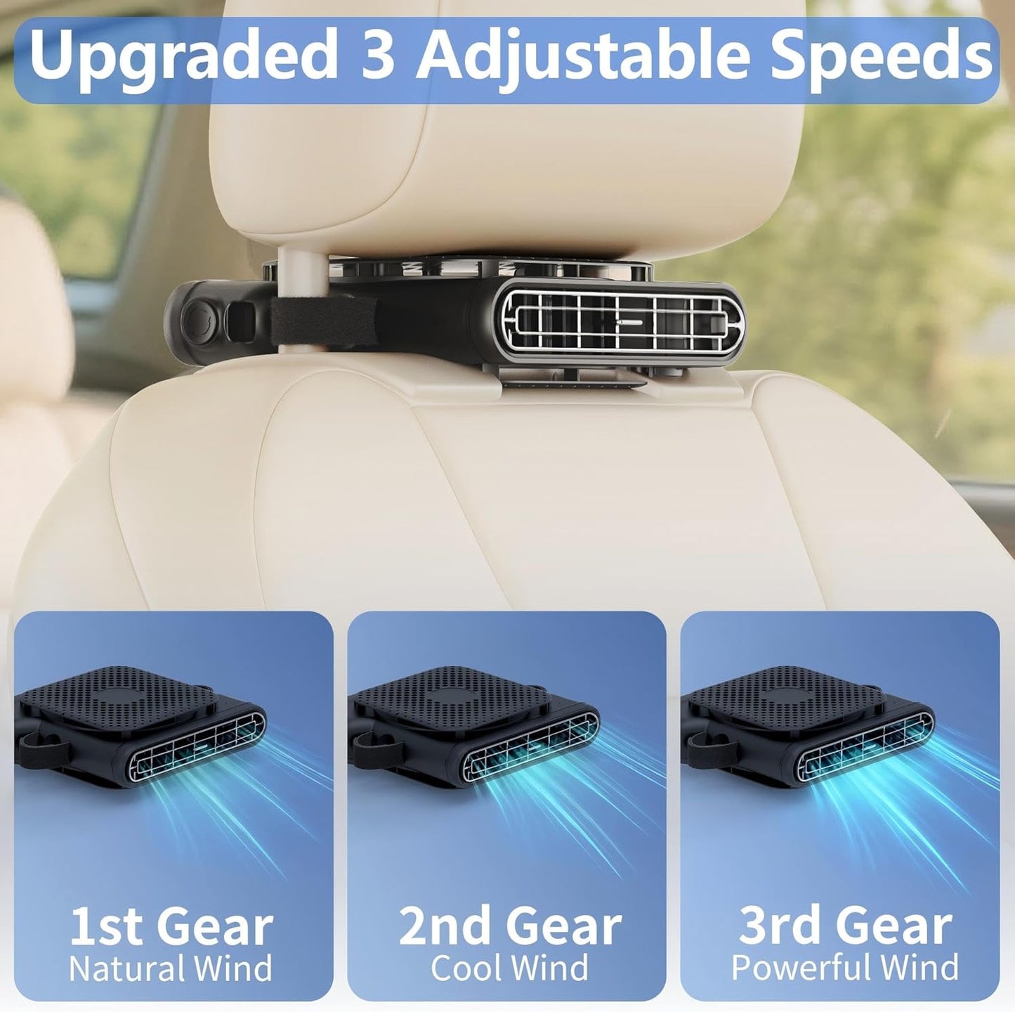 ElfTrip Car Seat Fan with Dual Air Outlets, USB Car Fans for Backseat for Kids for Driver Passenger, Stronger 3 Speeds, Forward or Backward Airflow, Fits in Most Car SUV Trucks(1 Pack No Battery)