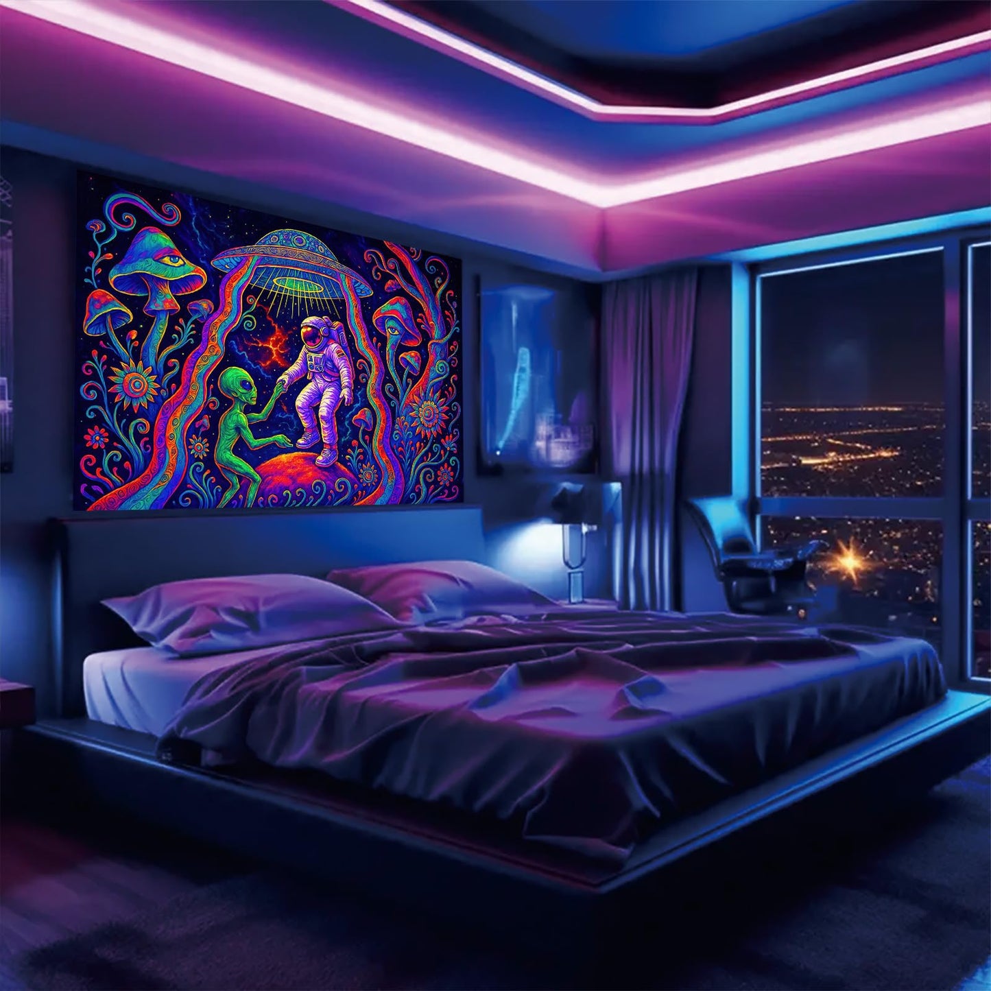 Starlit Patio Astronaut Blacklight Tapestry Trippy Forest Moon Vortex UV Reactive Galaxy Wall Hanging Psychedelic Space Poster Fluorescent Sci Fi Room Decor for Bedroom Dorm Gaming Lounge 78 x 59 Inch BST220