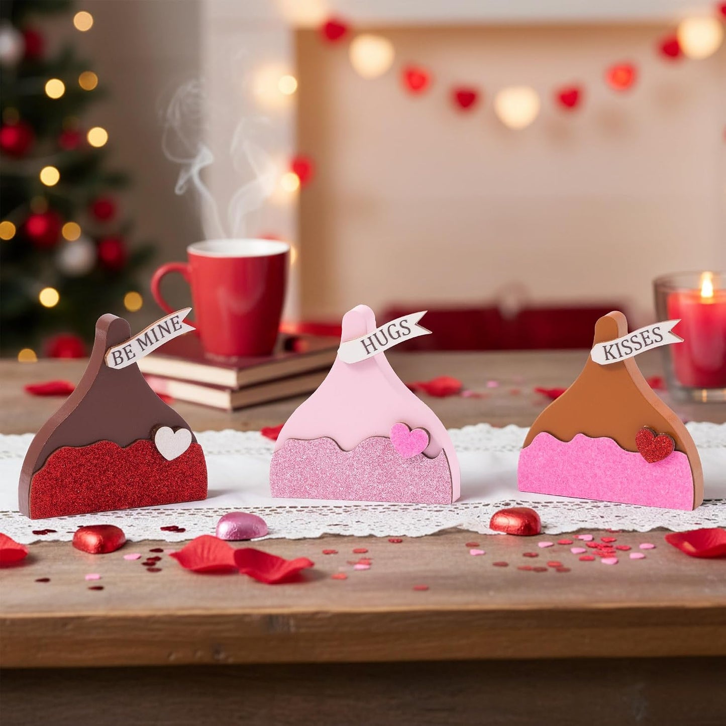 WATINC Valentine Tiered Tray Signs - 3PCS Valentine's Day Kisses Wooden Table Centerpiece Decorations, Sweet Glitter Candy Chocolate Wood Desk Decor, Romantic Tabletop Wedding Farmhouse Party Gifts BST202