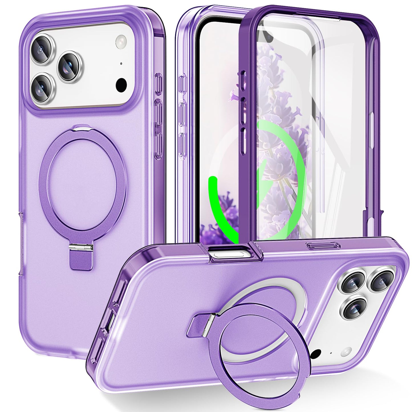 for iPhone 13 Pro Full Body Shockproof Case with Magnetic Invisible Stand [Compatible with MagSafe] Built-in Screen Protector Military Drop ProtectionTranslucent Phone Cover -Hot Pink WN420