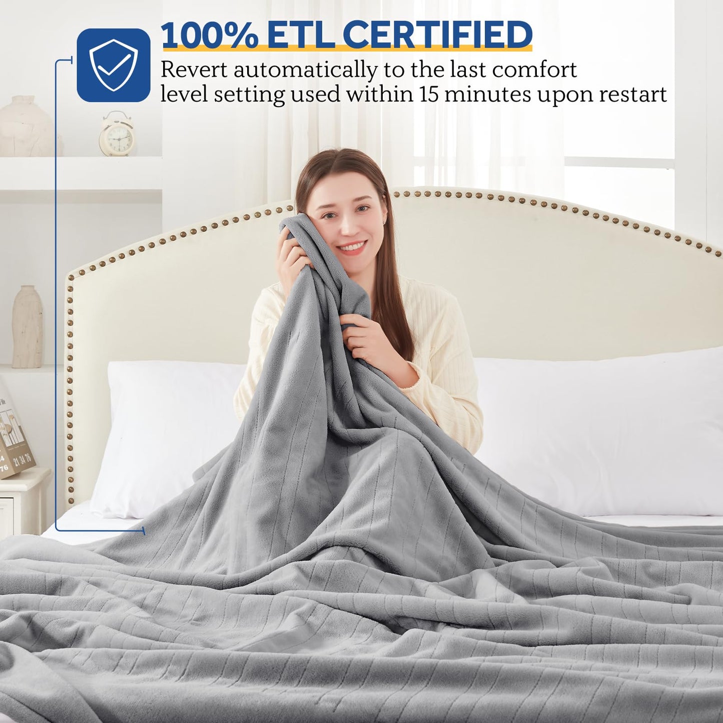 Sealy Heated Electric Blanket Queen Size, Flannel Electric Blanket with 10 Heating Levels & 1-12 Hours Auto Shut Off, Fast Heating Warming Blanket, Machine Washable, Grey, 84 x 90 Inch